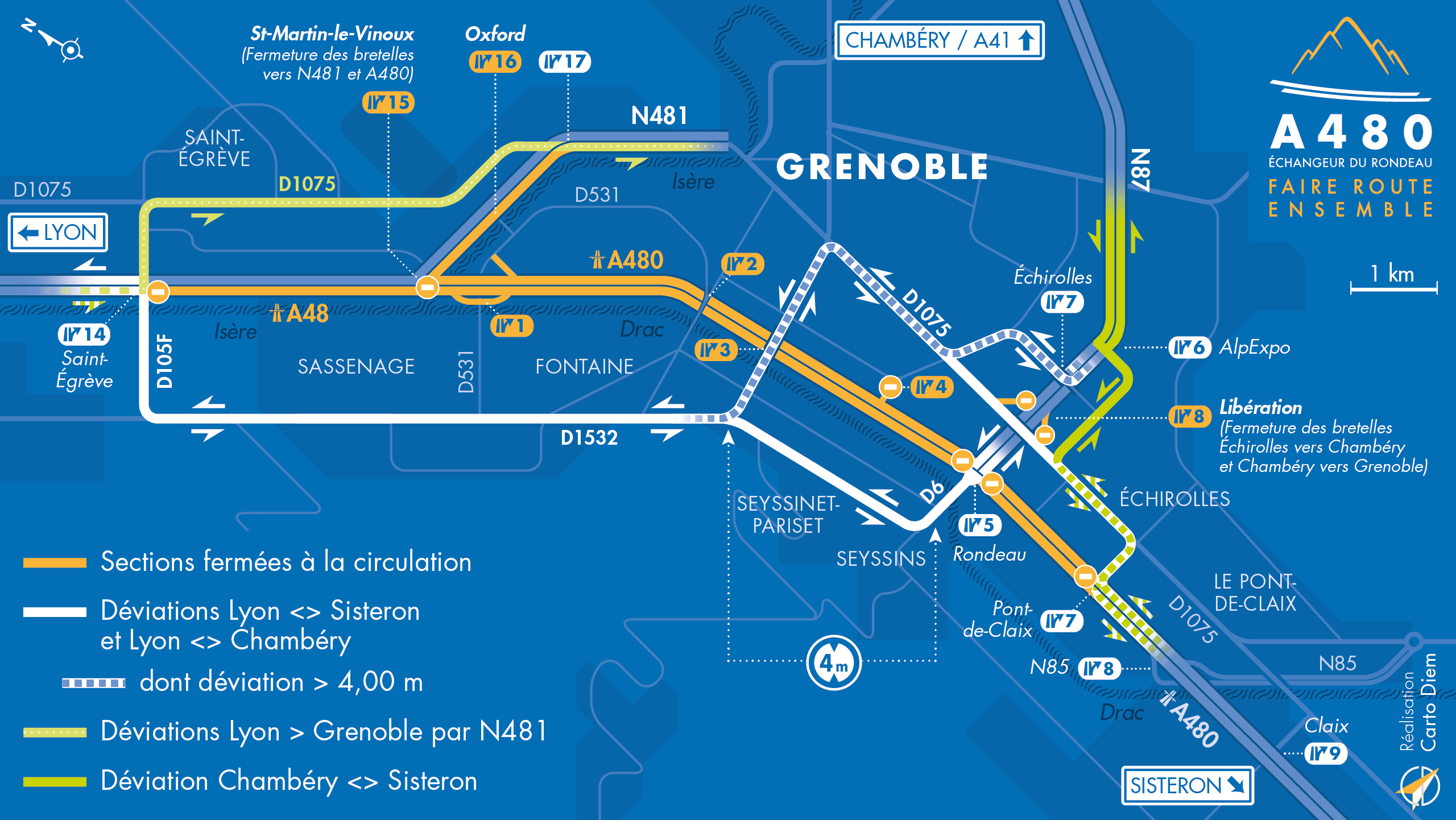 Carte de déviation suite à l'aménagement de l'autoroute urbaine A480 par les équipes d'AREA
