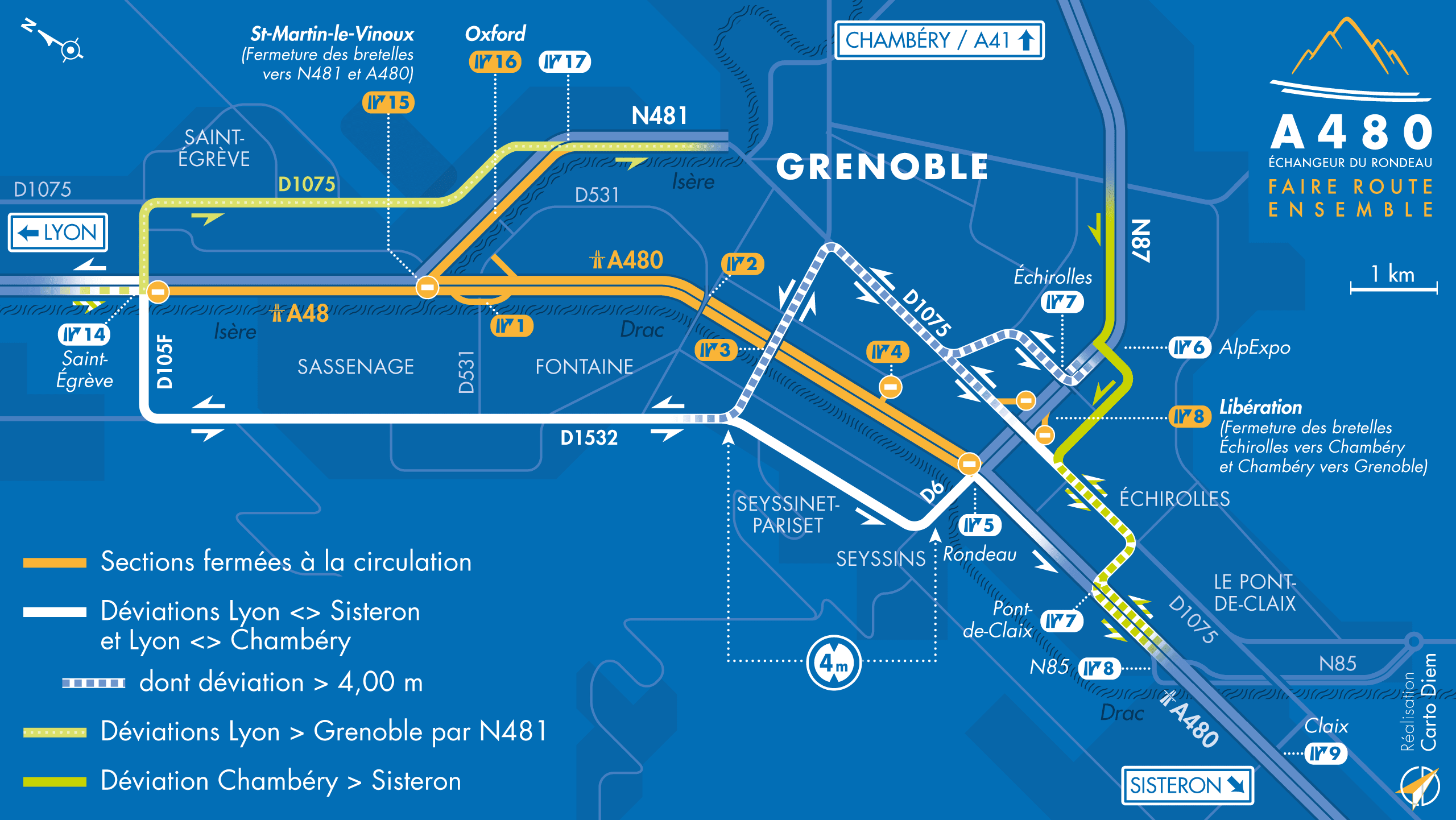 Carte de déviation suite à l'aménagement de l'autoroute urbaine A480 par les équipes d'AREA