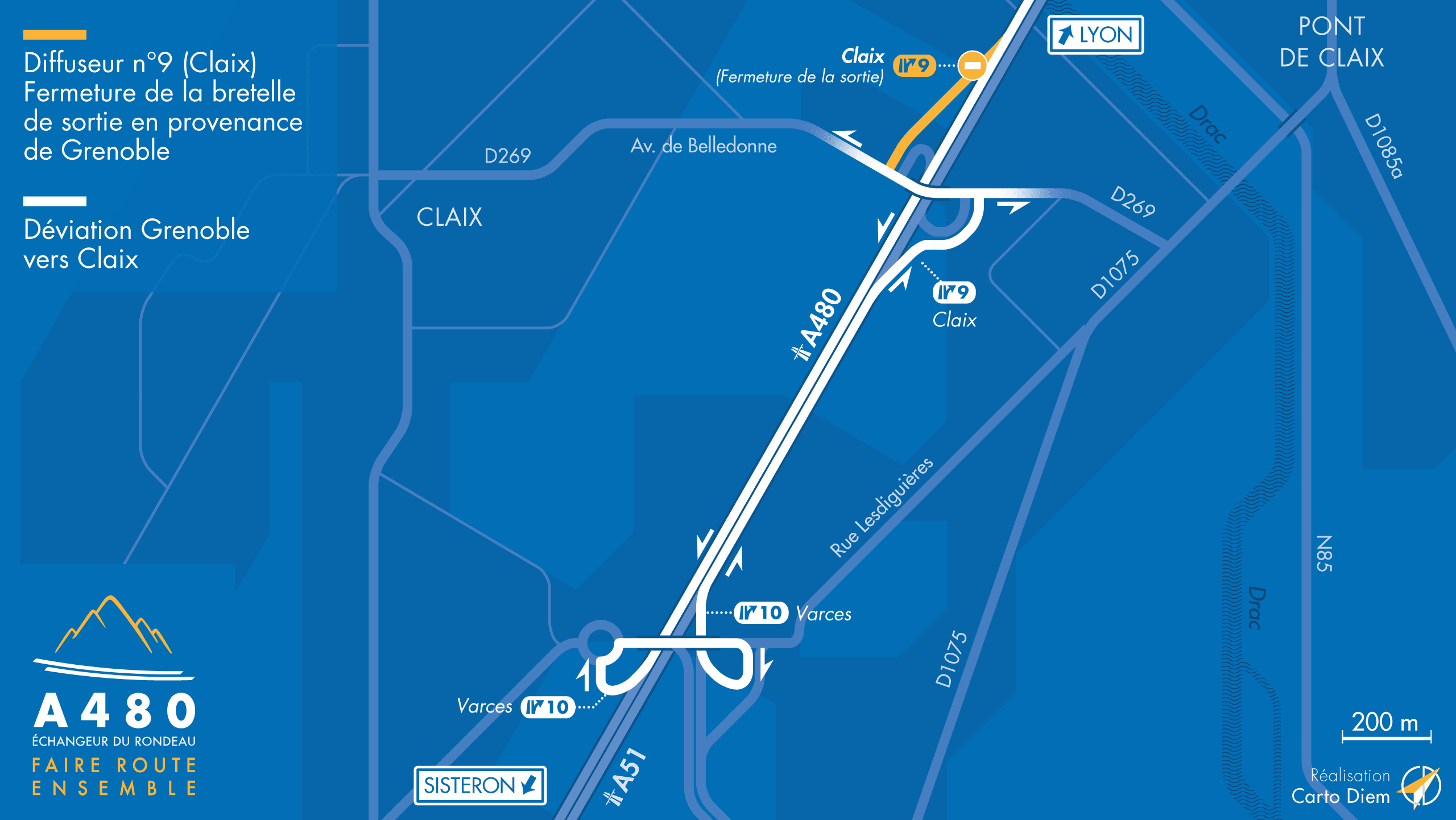 Carte de déviation suite à la fermeture de la bretelle de sortie du diffuseur de Claix sur l'autoroute A480