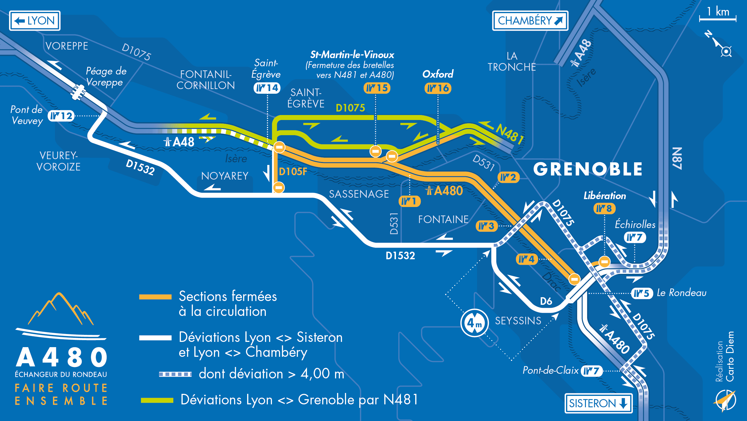 Carte de déviation suite à l'aménagement de l'autoroute urbaine A480 par les équipes d'AREA