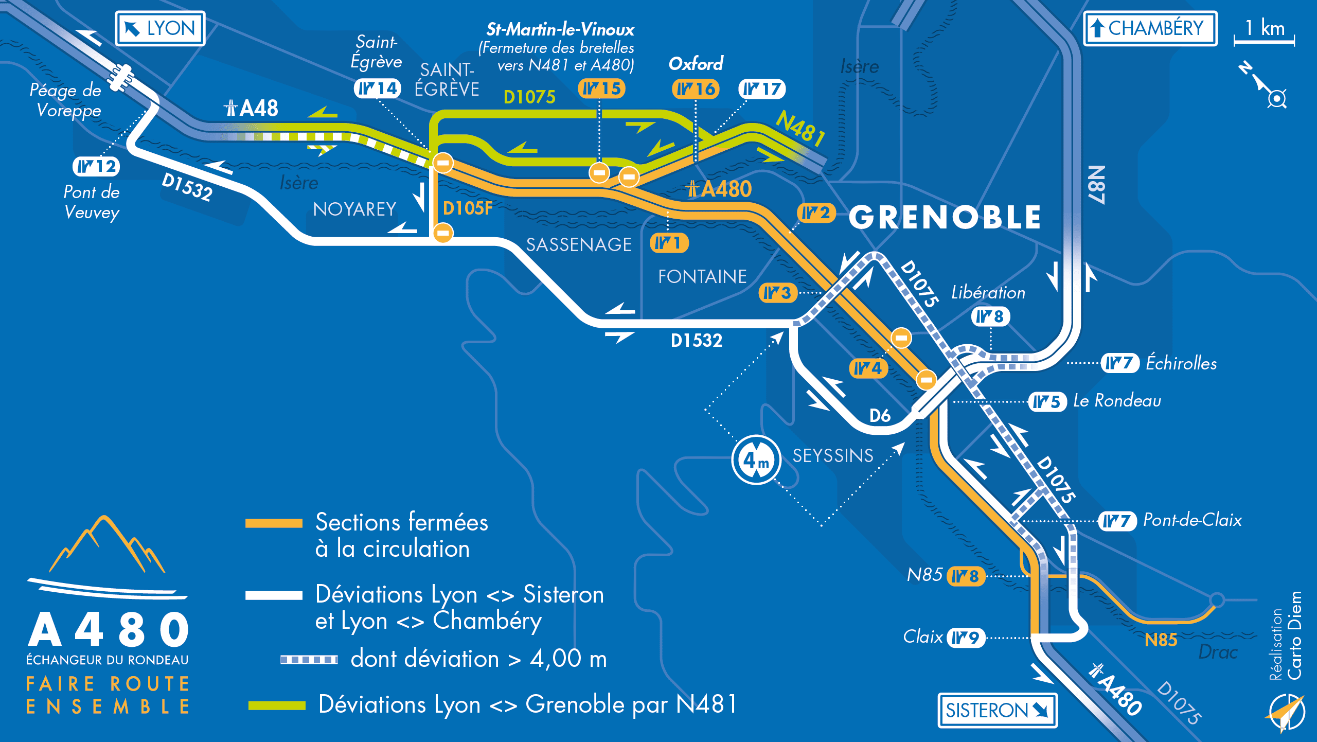 Carte de déviation suite à l'aménagement de l'autoroute urbaine A480 par les équipes d'AREA