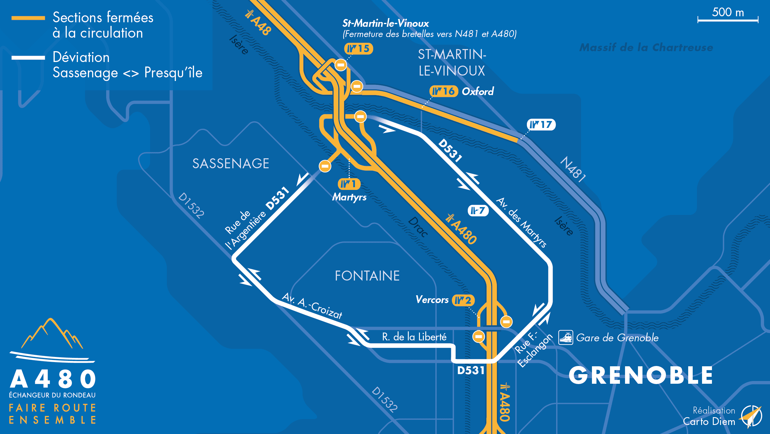 Carte de déviation suite aux travaux effectués sur la D531 par les équipes d'AREA