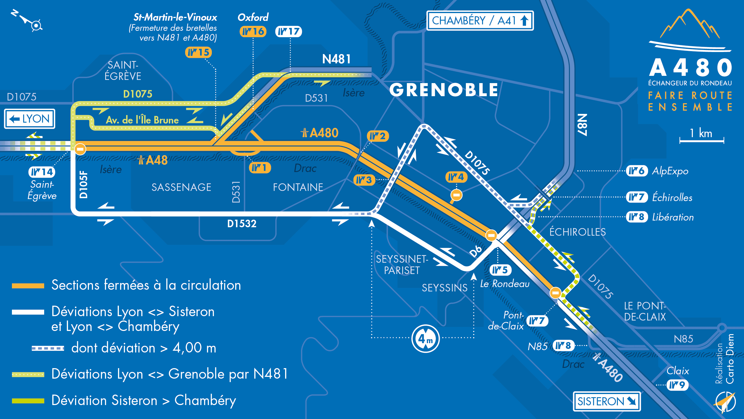 Carte de déviation suite à l'aménagement de l'autoroute urbaine A480 par les équipes d'AREA