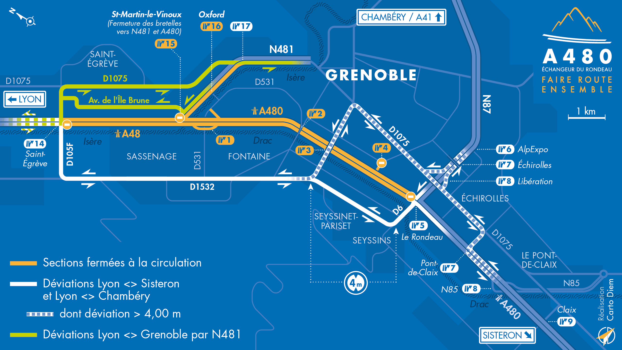 Carte de déviation suite à l'aménagement de l'autoroute urbaine A480 par les équipes d'AREA