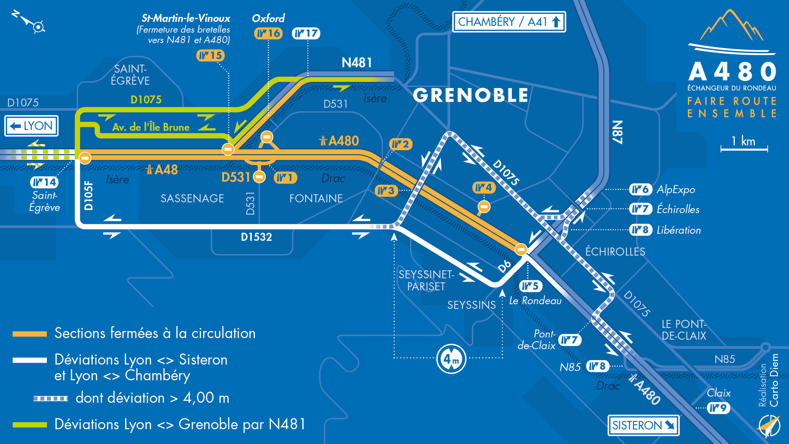 Carte de déviation suite à l'aménagement de l'autoroute urbaine A480 par les équipes d'AREA