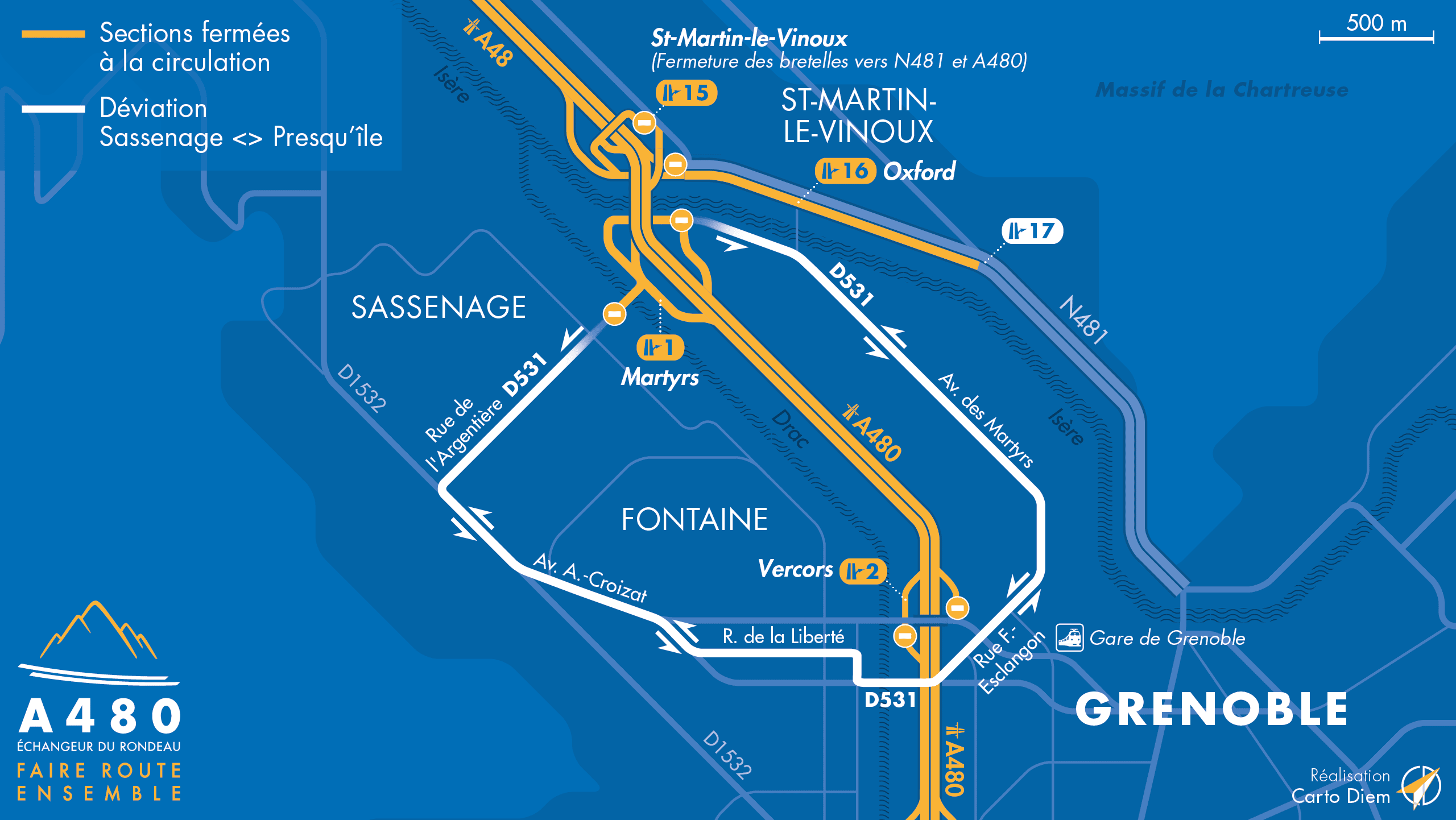 Carte de déviation suite aux travaux effectués sur la D531 par les équipes d'AREA