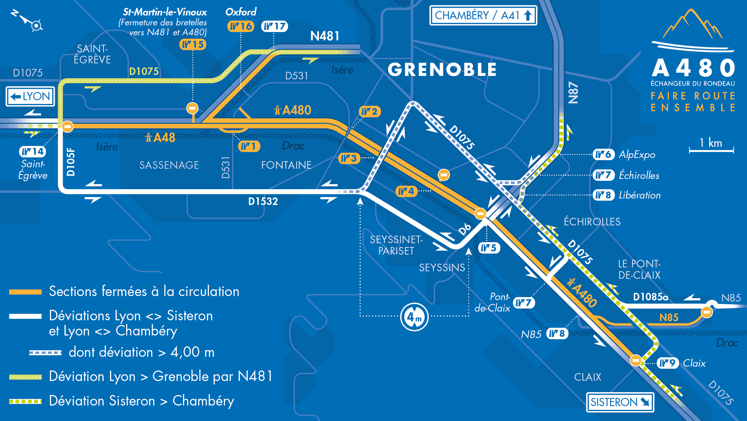Carte de déviation suite à l'aménagement de l'autoroute urbaine A480 par les équipes d'AREA