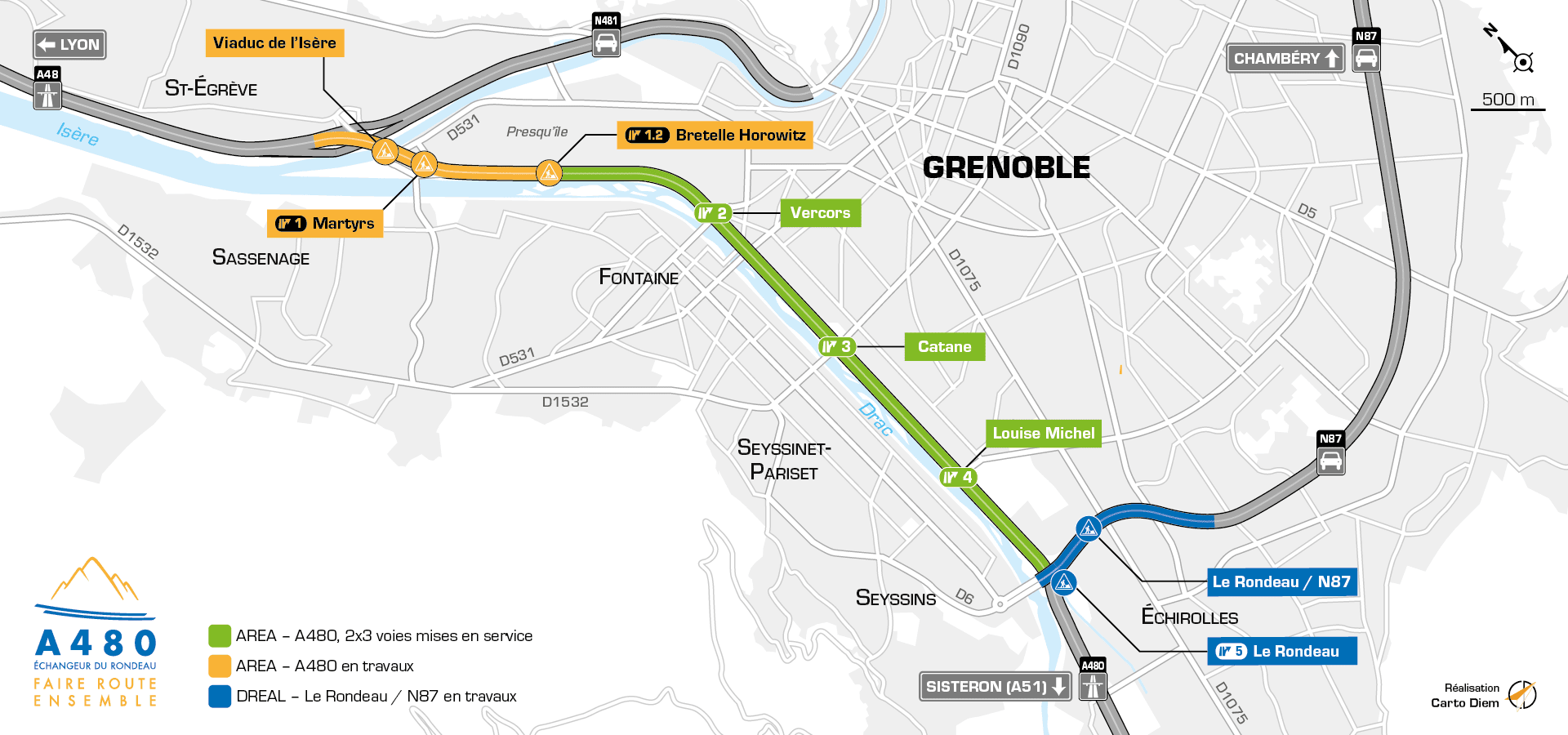 Carte de l'état d'avancée des amanénagement sur l'autoroute urbaine A480
