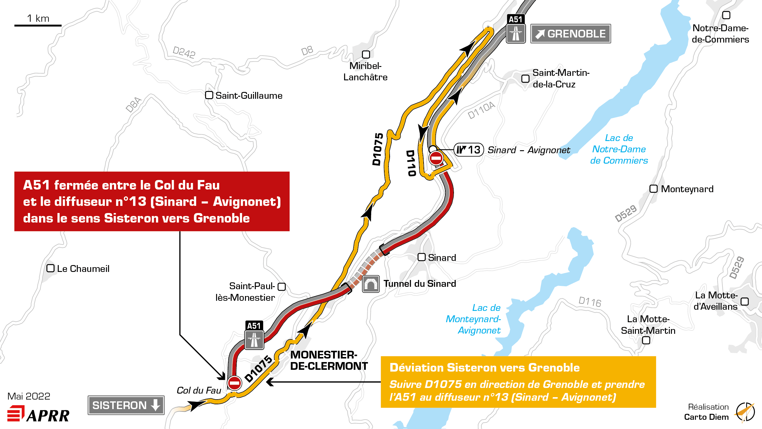 Carte de déviation suite aux travaux dur l'autoroute A51