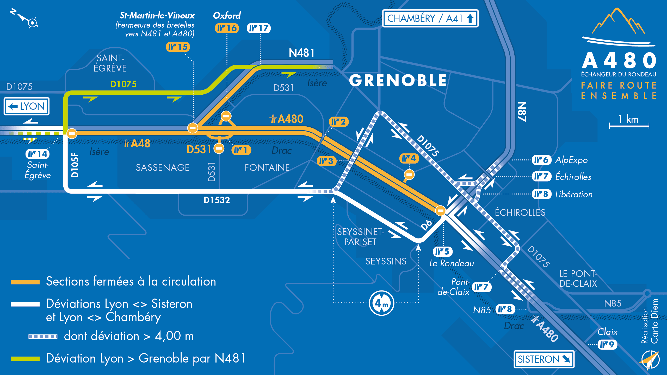 Carte de déviation suite à l'aménagement de l'autoroute urbaine A480 sur le bassin grenoblois