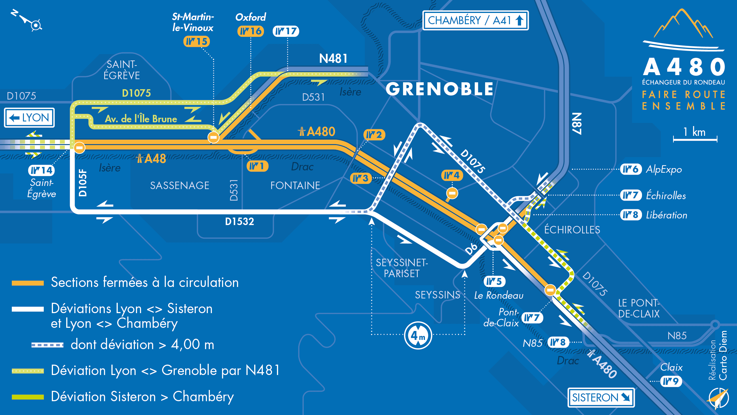 Carte de déviation suite à l'aménagement de l'autoroute urbaine A480 sur le bassin grenoblois