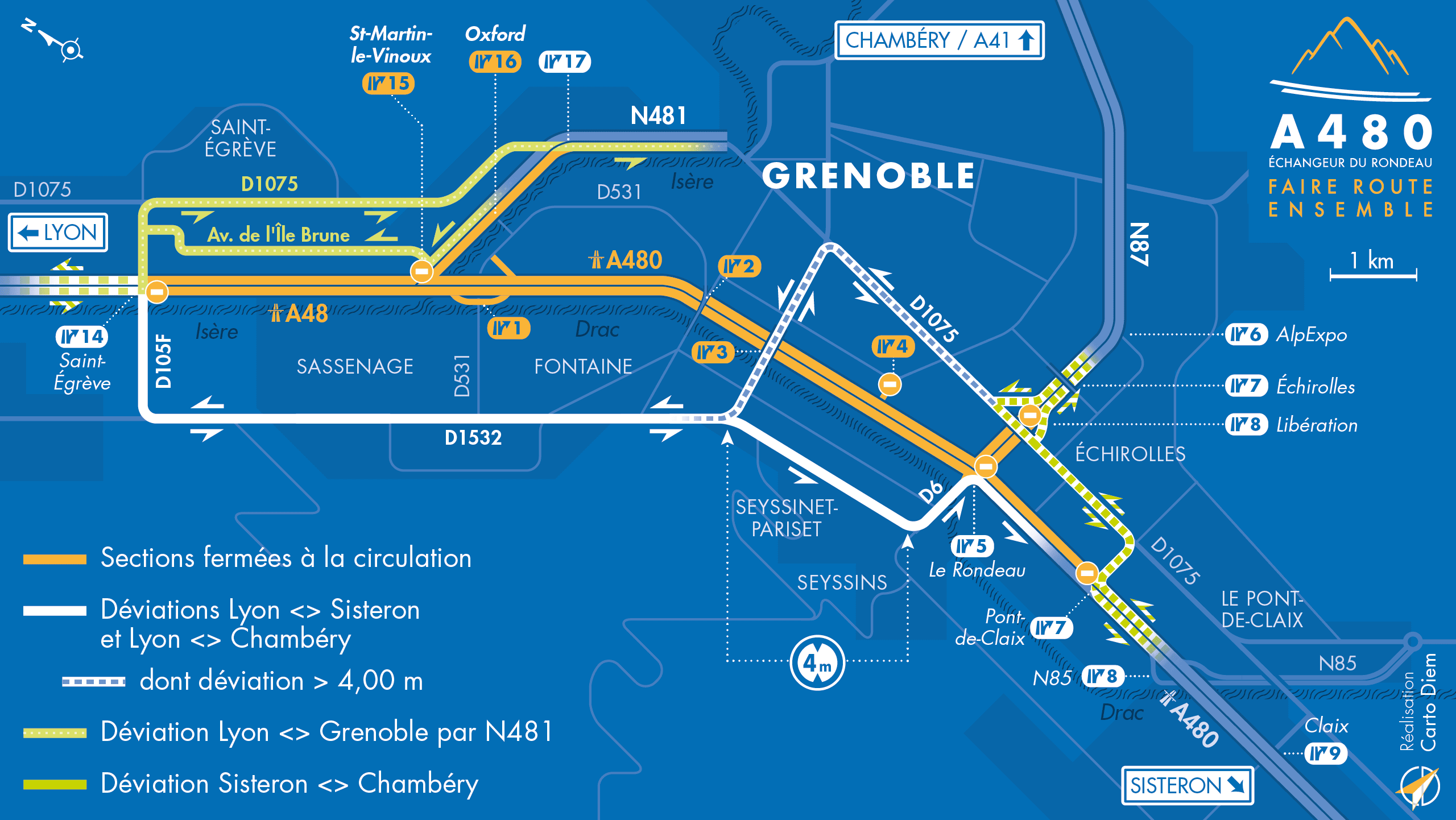 Carte de déviation suite à l'aménagement de l'autoroute urbaine A480 sur le bassin grenoblois