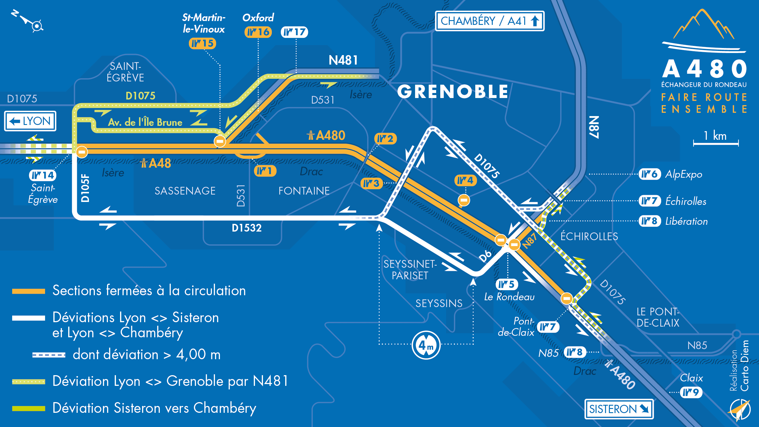 Carte de déviation suite à l'aménagement de l'autoroute urbaine A480 sur le bassin grenoblois