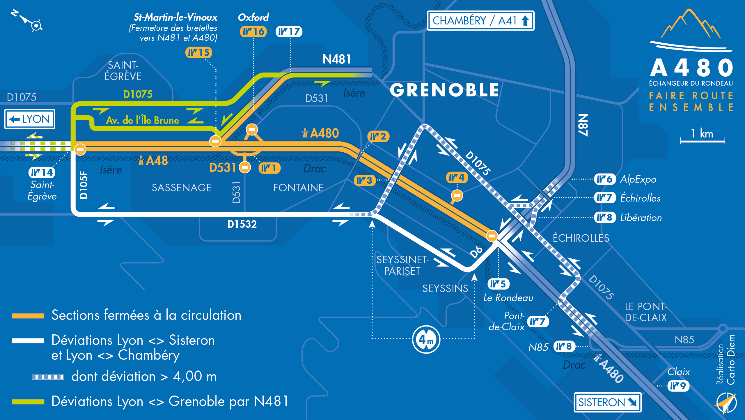 Carte de déviation suite à l'aménagement de l'autoroute urbaine A480 sur le bassin grenoblois
