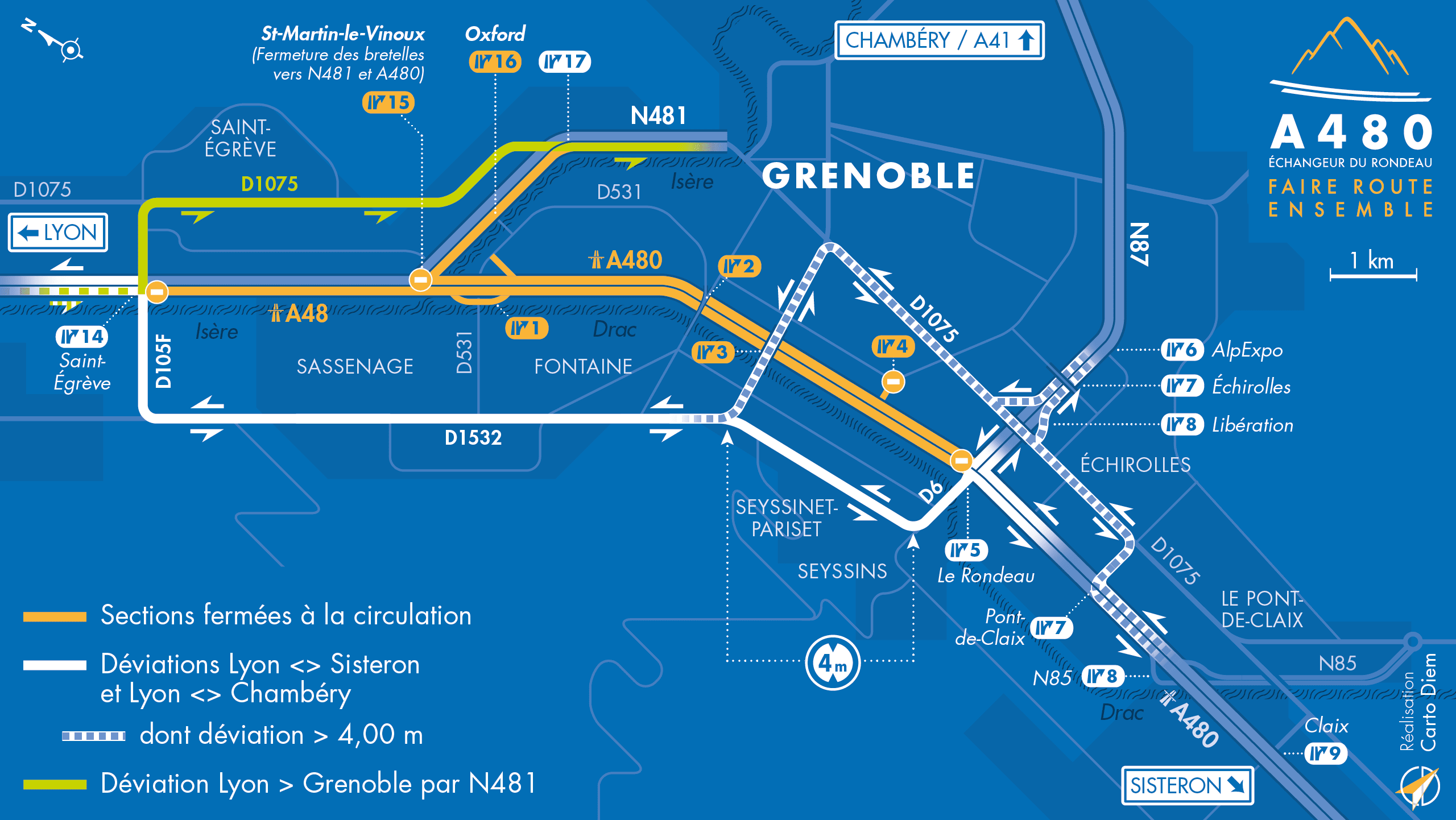 Carte de déviation suite à l'aménagement de l'autoroute urbaine A480 sur le bassin grenoblois