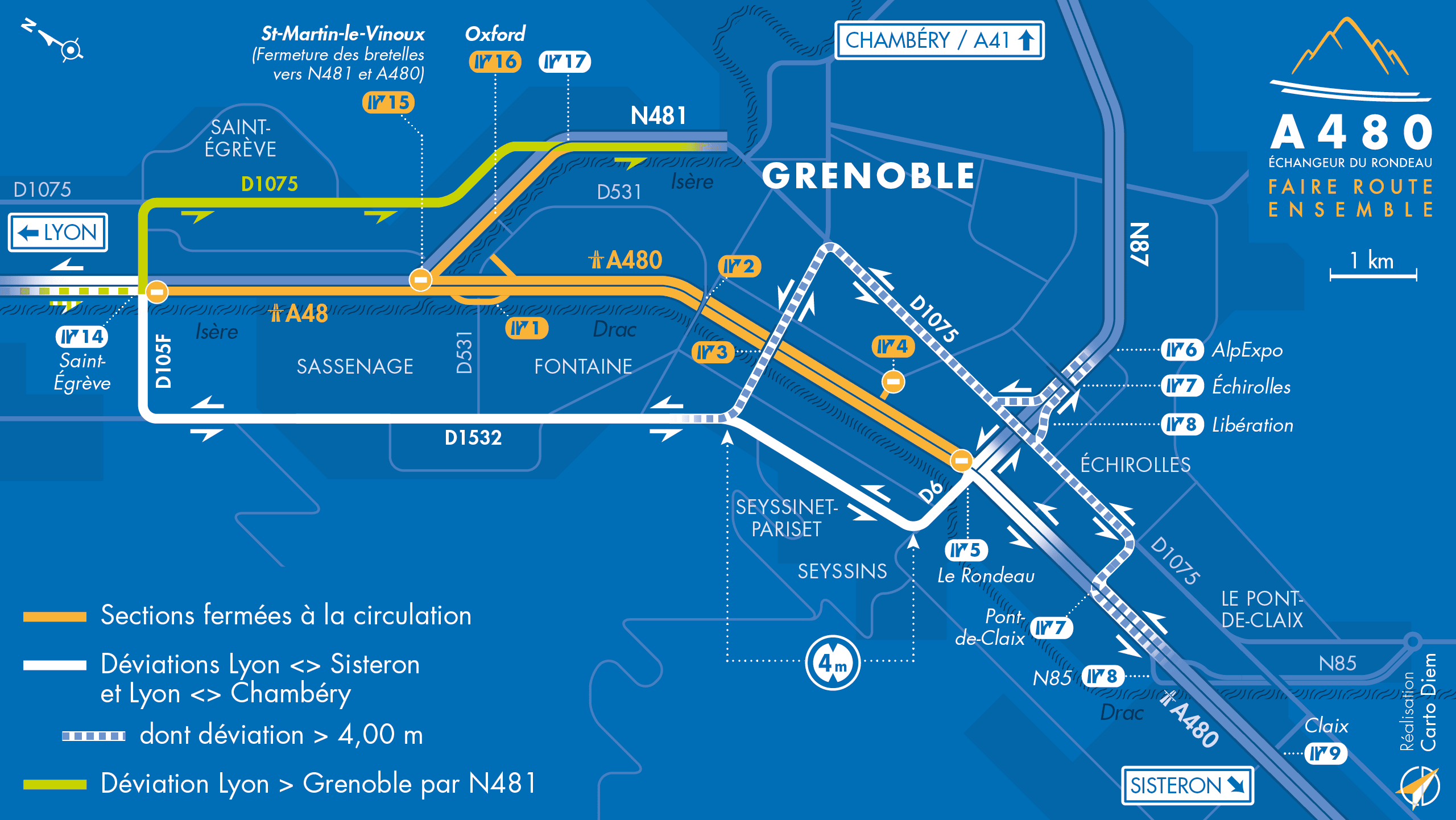 Carte de déviation suite à l'aménagement de l'autoroute urbaine A480 sur le bassin grenoblois