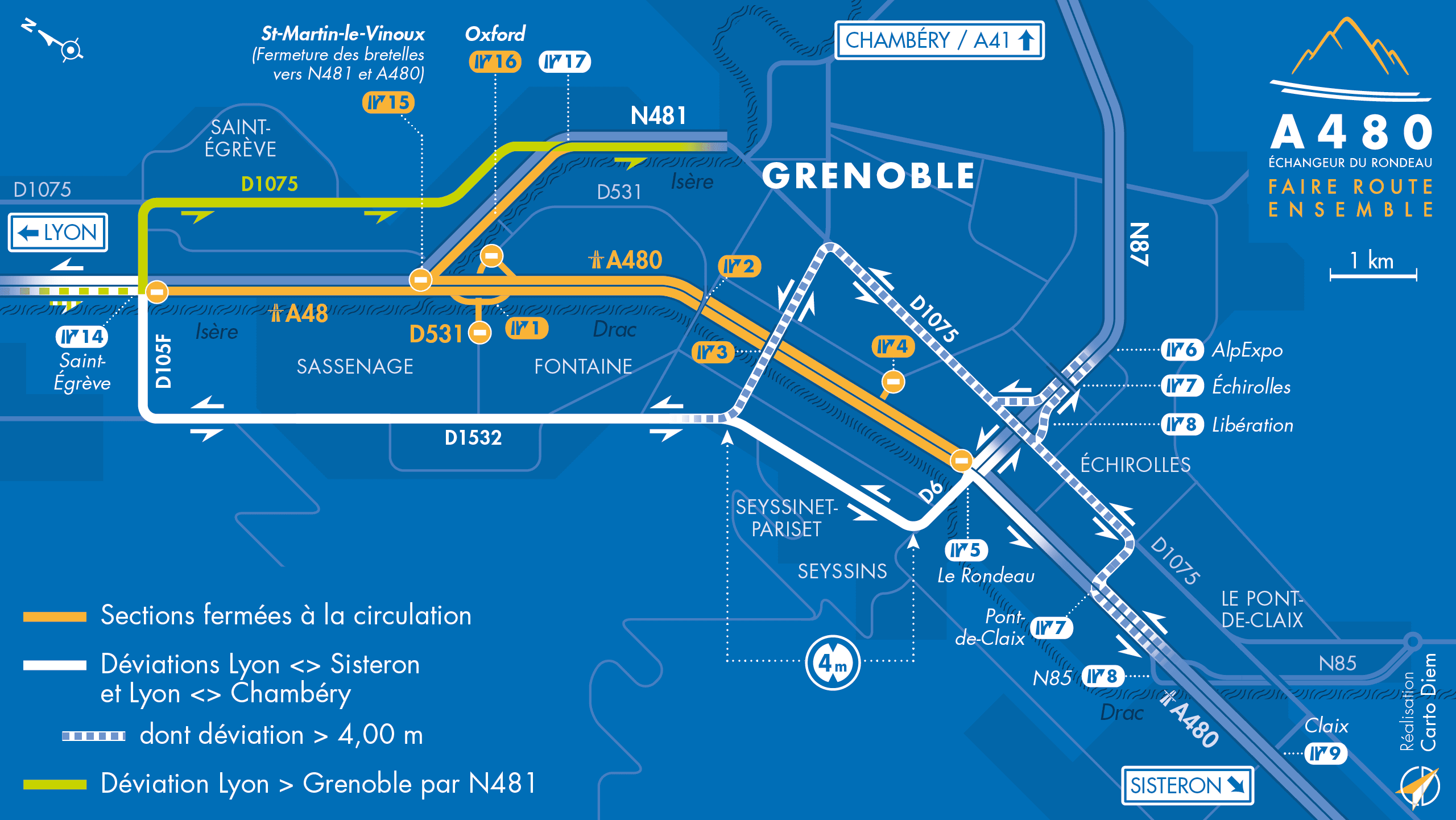 Carte de déviation suite à l'aménagement de l'autoroute urbaine A480 sur le bassin grenoblois