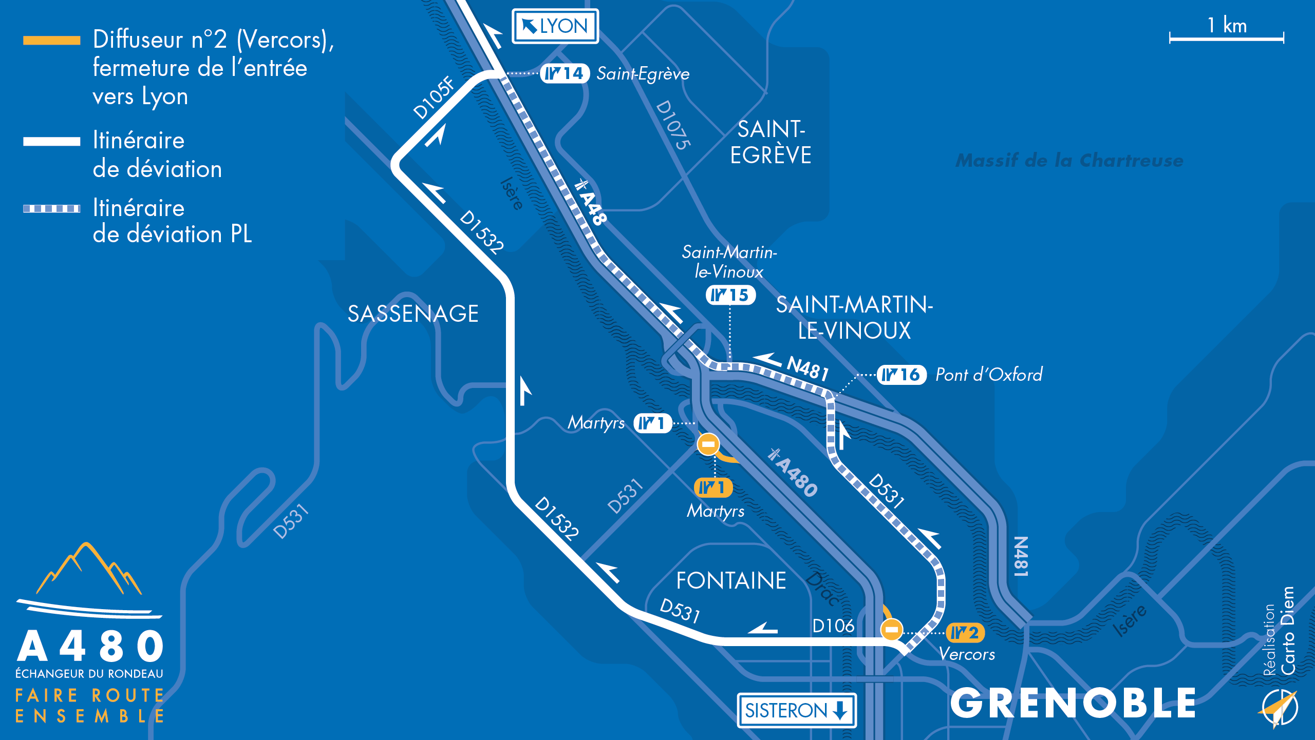 Carte de déviation suite à l'aménagement de l'autoroute urbaine A480 sur le bassin grenoblois