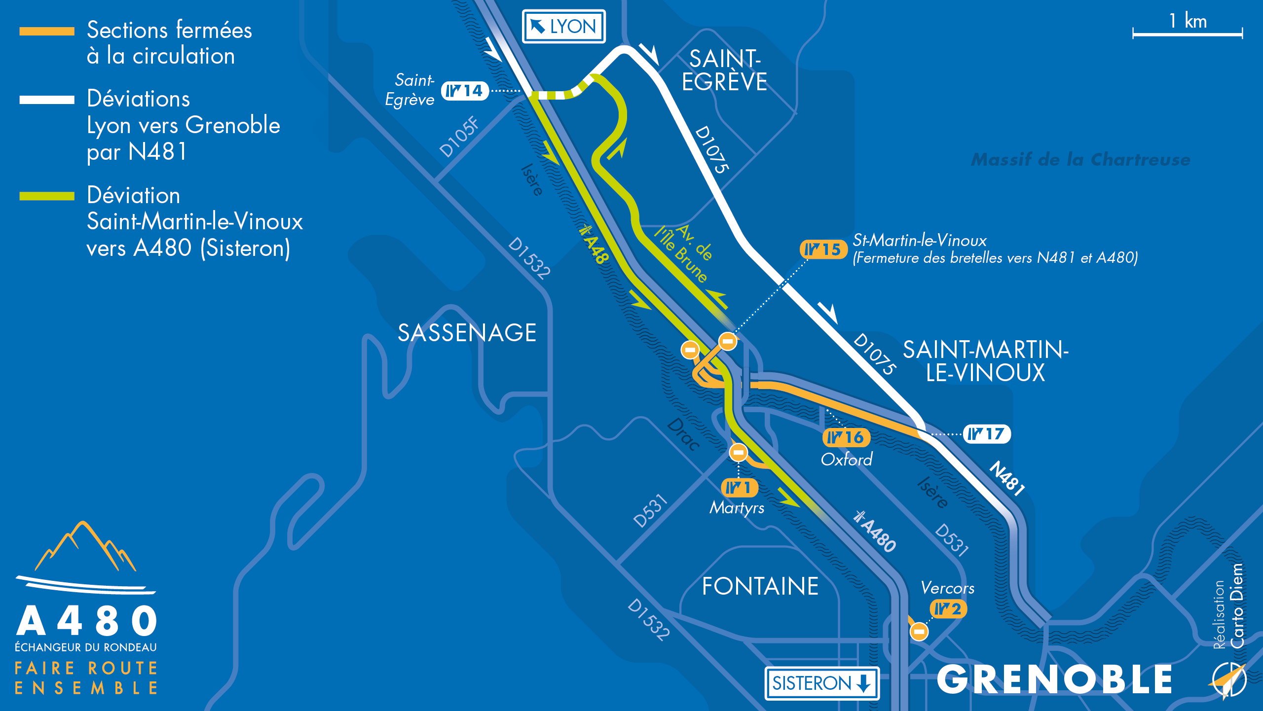 Carte de déviation suite à l'aménagement de l'autoroute urbaine A480 sur le bassin grenoblois