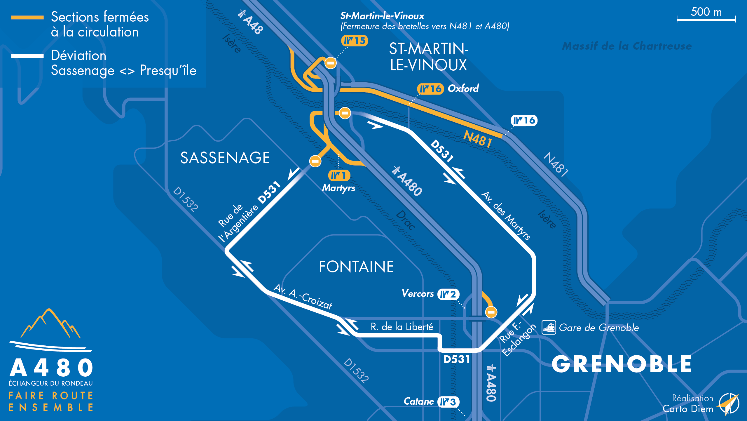 Carte de déviation suite à l'aménagement de l'autoroute urbaine A480 sur le bassin grenoblois