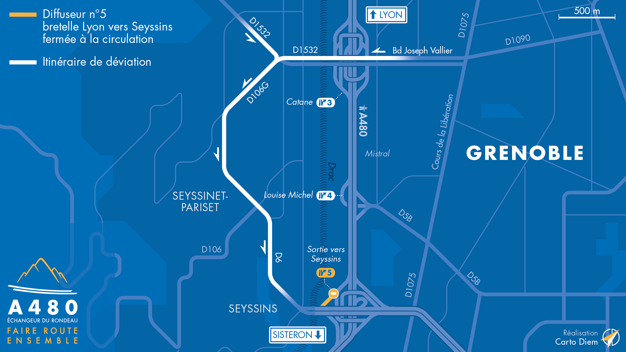 Carte de déviation suite à un affaissement de chaussée au diffuseur de Seyssins