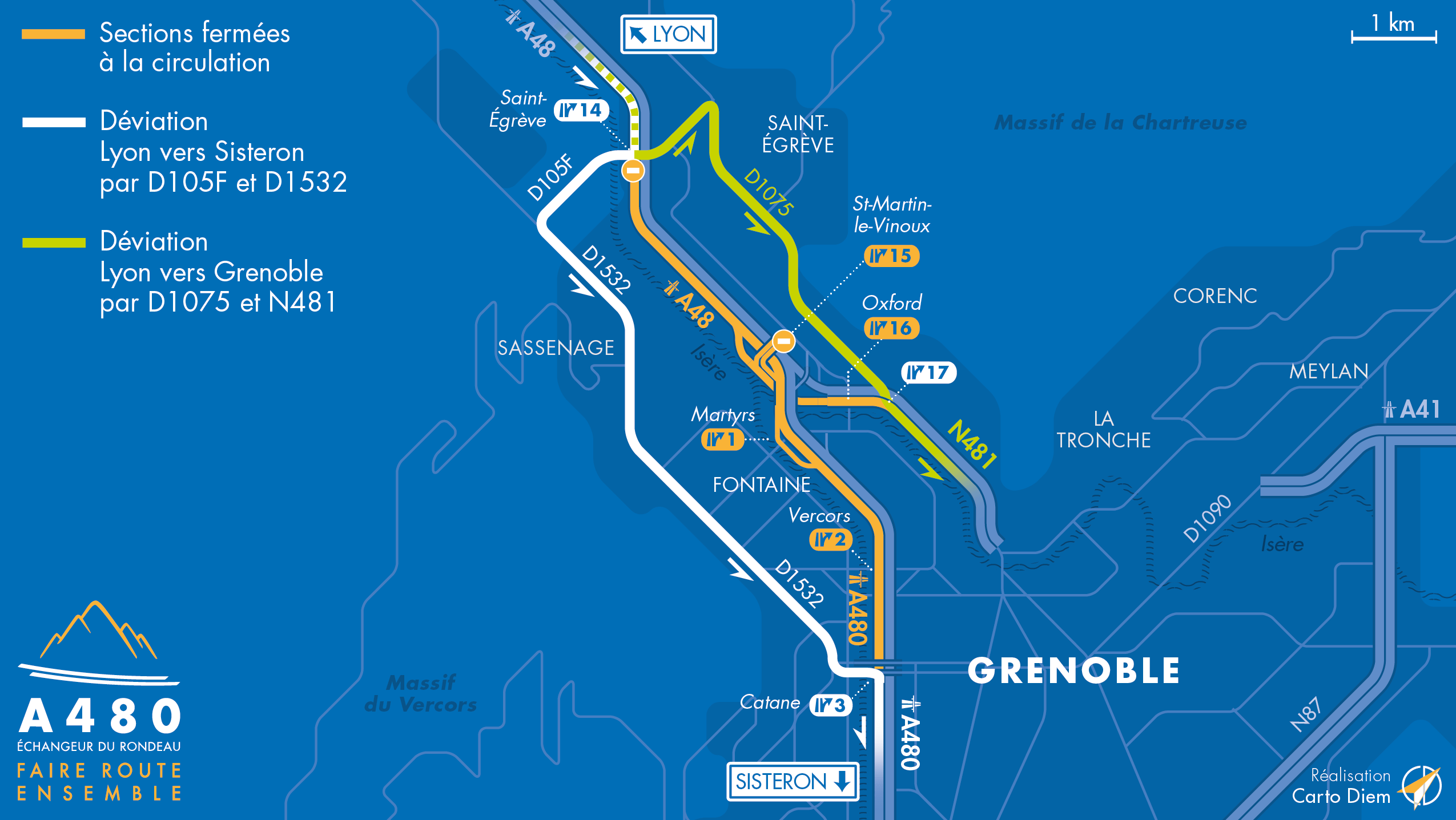 Carte de déviation suite à l'aménagement de l'autoroute urbaine A480 sur le bassin grenoblois