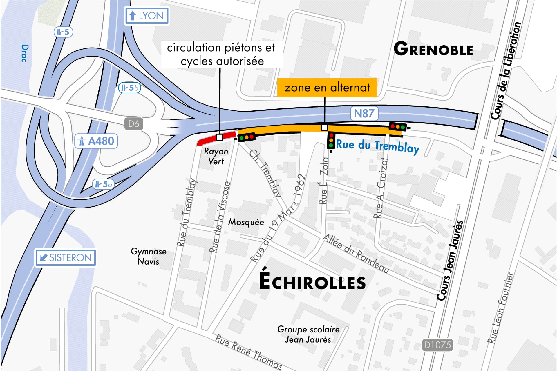 carte des travaux réalisés par la DREAL sur la rue du Tremblay à Echirolles