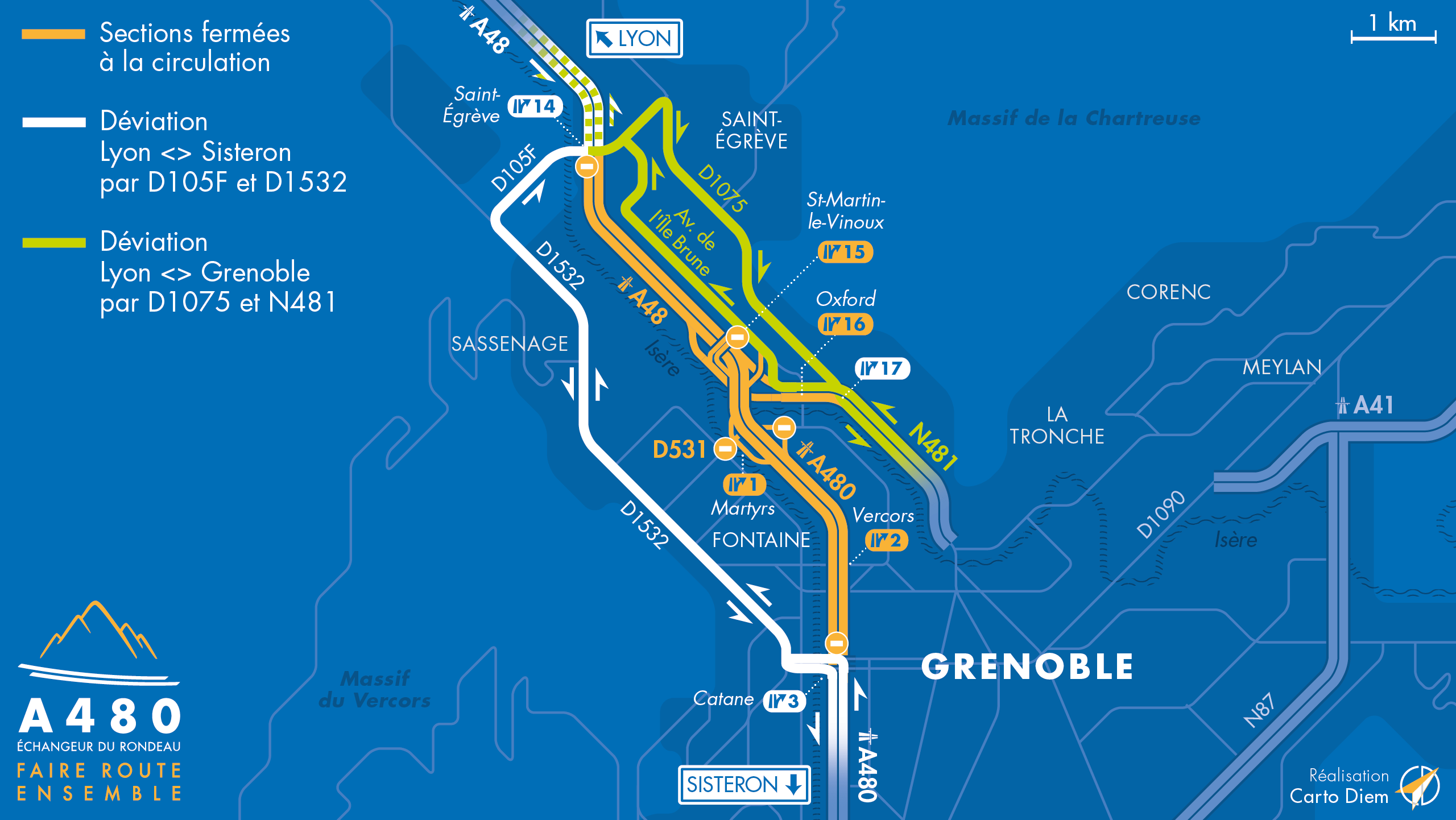 Carte de déviation suite à l'aménagement de l'autoroute urbaine A480 sur le bassin grenoblois