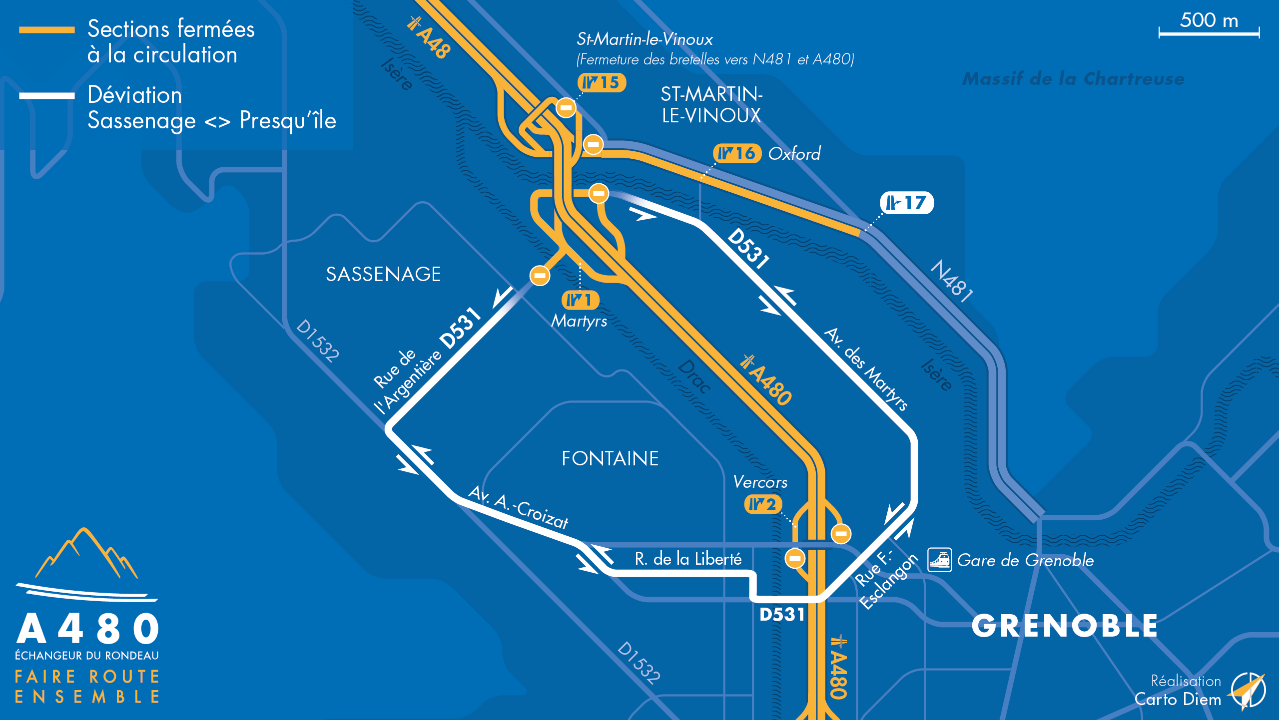 Carte de déviation suite aux travaux effectués sur la D531 par les équipes d'AREA