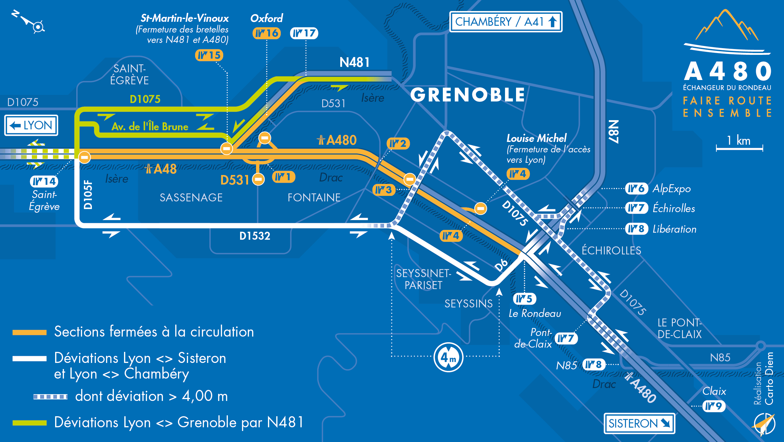 Carte de déviation suite à l'aménagement de l'autoroute urbaine A480 sur le secteur de Martyrs
