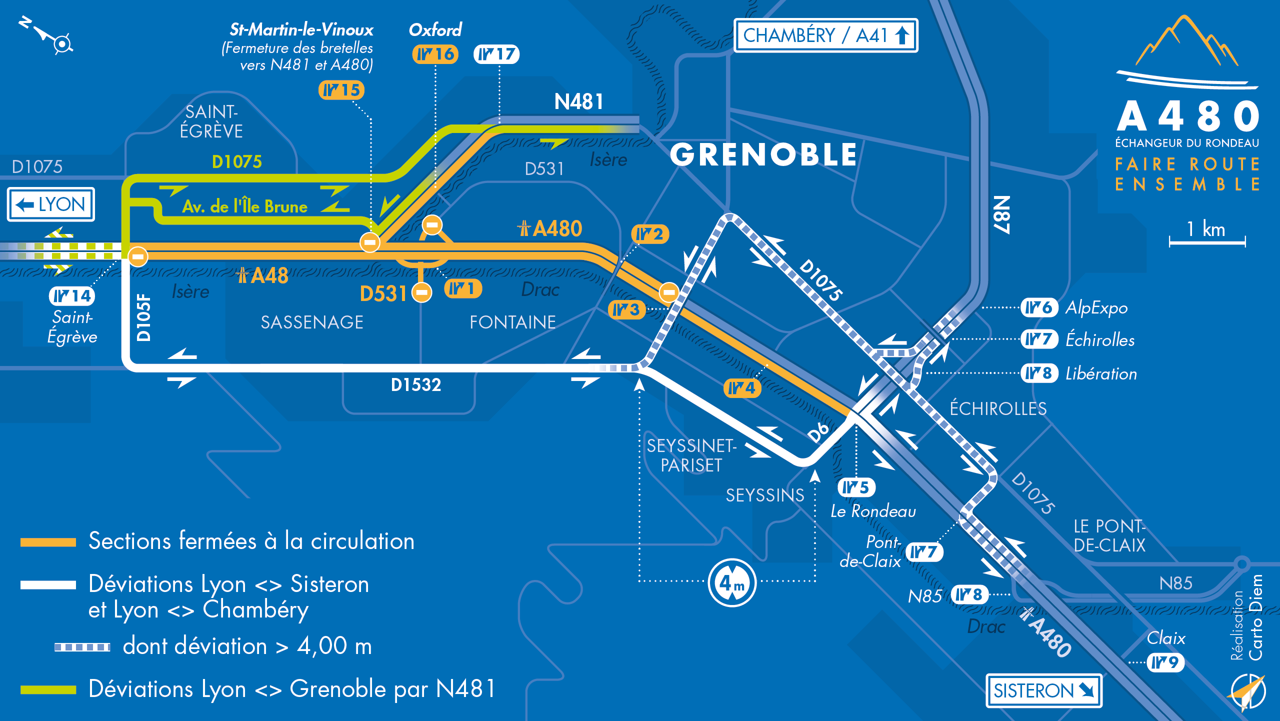 Carte de déviation suite à l'aménagement de l'autoroute urbaine A480 sur le secteur de Martyrs