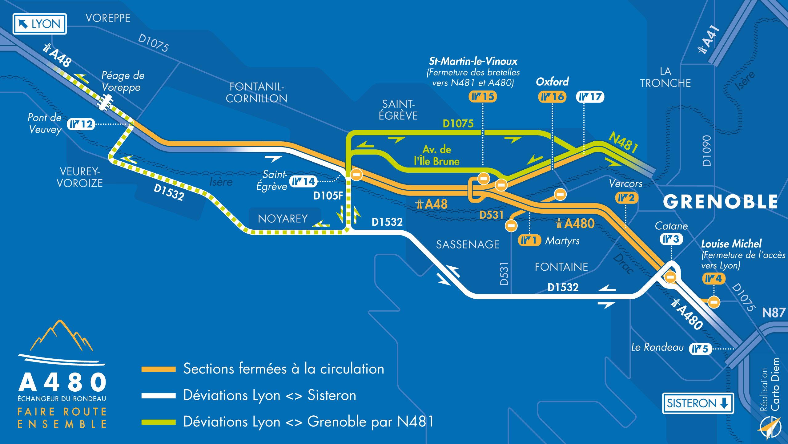 Carte de déviation suite à l'aménagement de l'autoroute urbaine A480 entre Saint-Ègrève et Catane