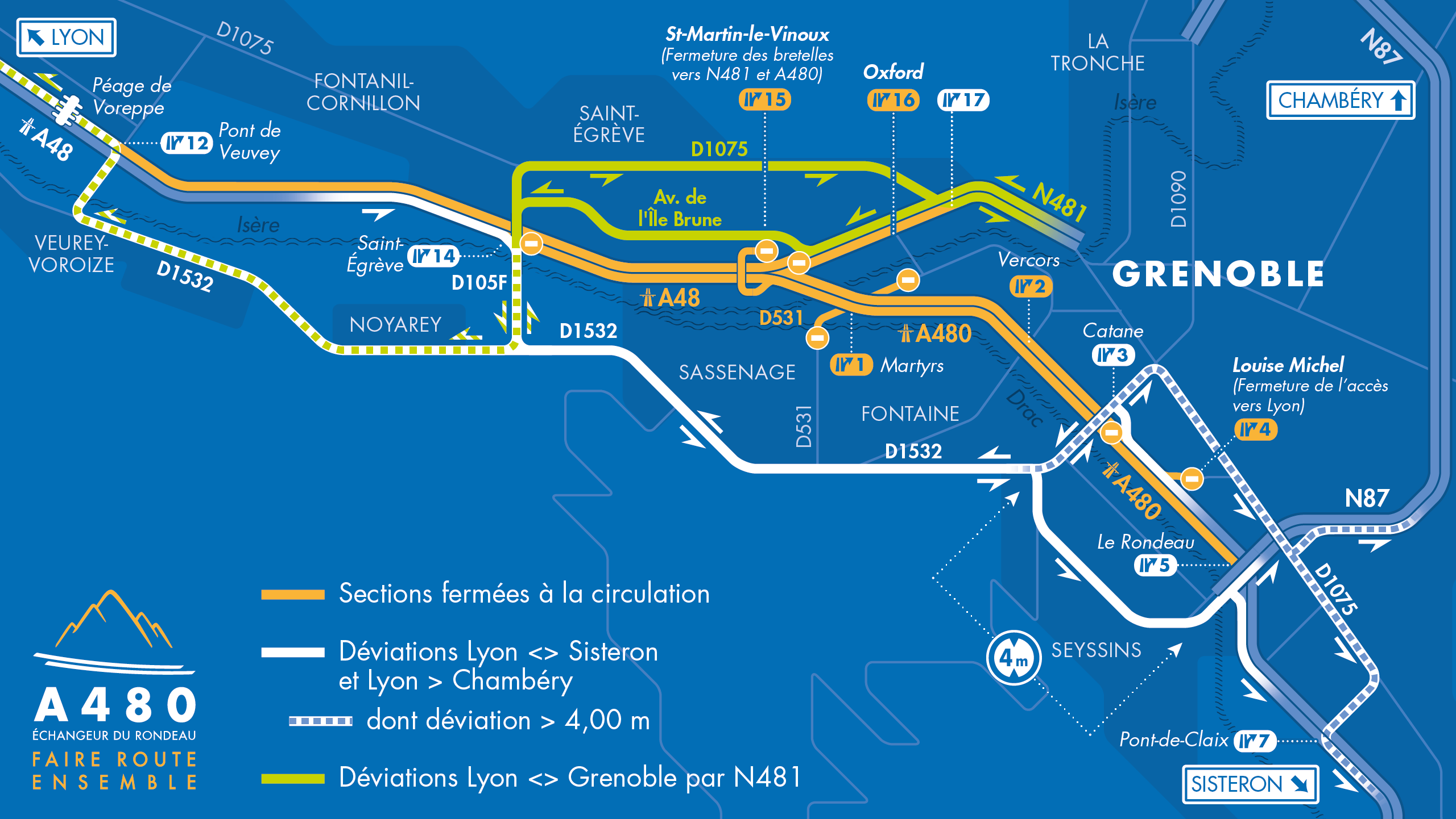 Carte de déviation suite à l'aménagement de l'autoroute urbaine A480 entre Saint-Ègrève et Seyssins