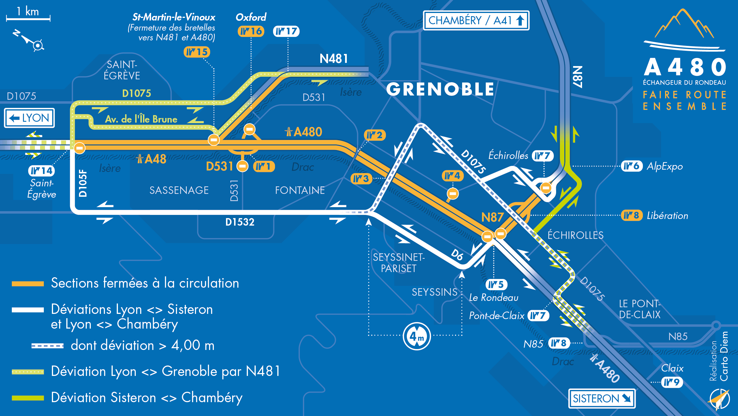Carte de déviation suite à l'aménagement de l'autoroute urbaine A480 entre Saint-Egrève et le Rondeau