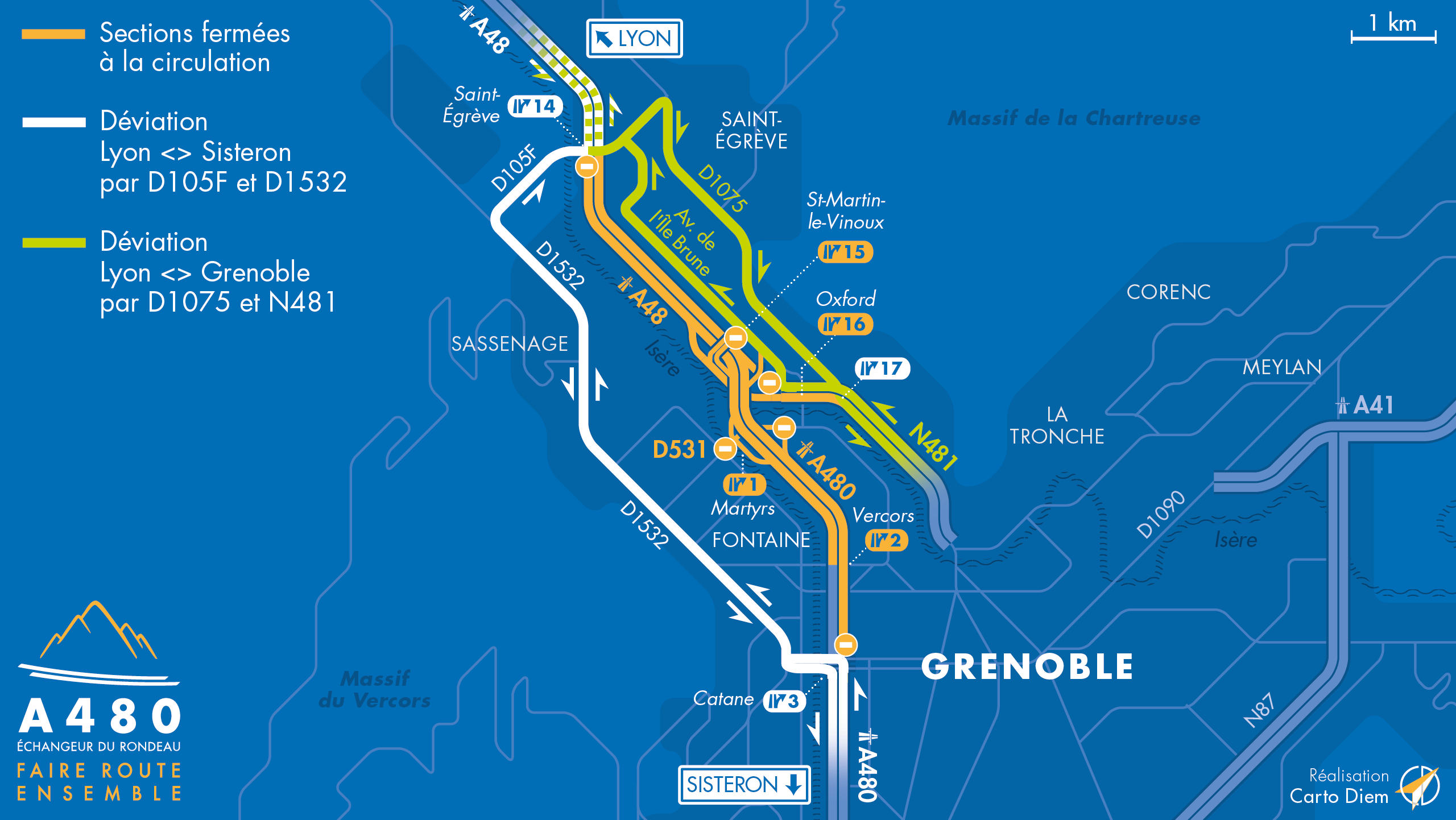 Carte de déviation suite à l'aménagement de l'autoroute urbaine A480 entre Saint-Egrève et Vercors / Catane