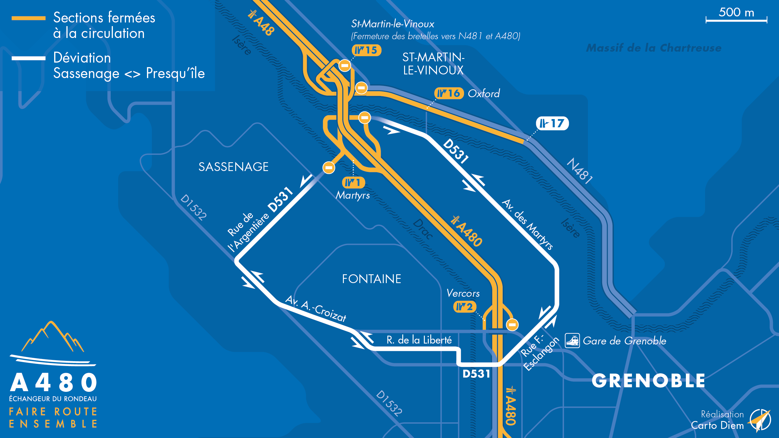 Carte de déviation suite à la fermeture sur la D531 entre le 13 et le 15 septembre 2022