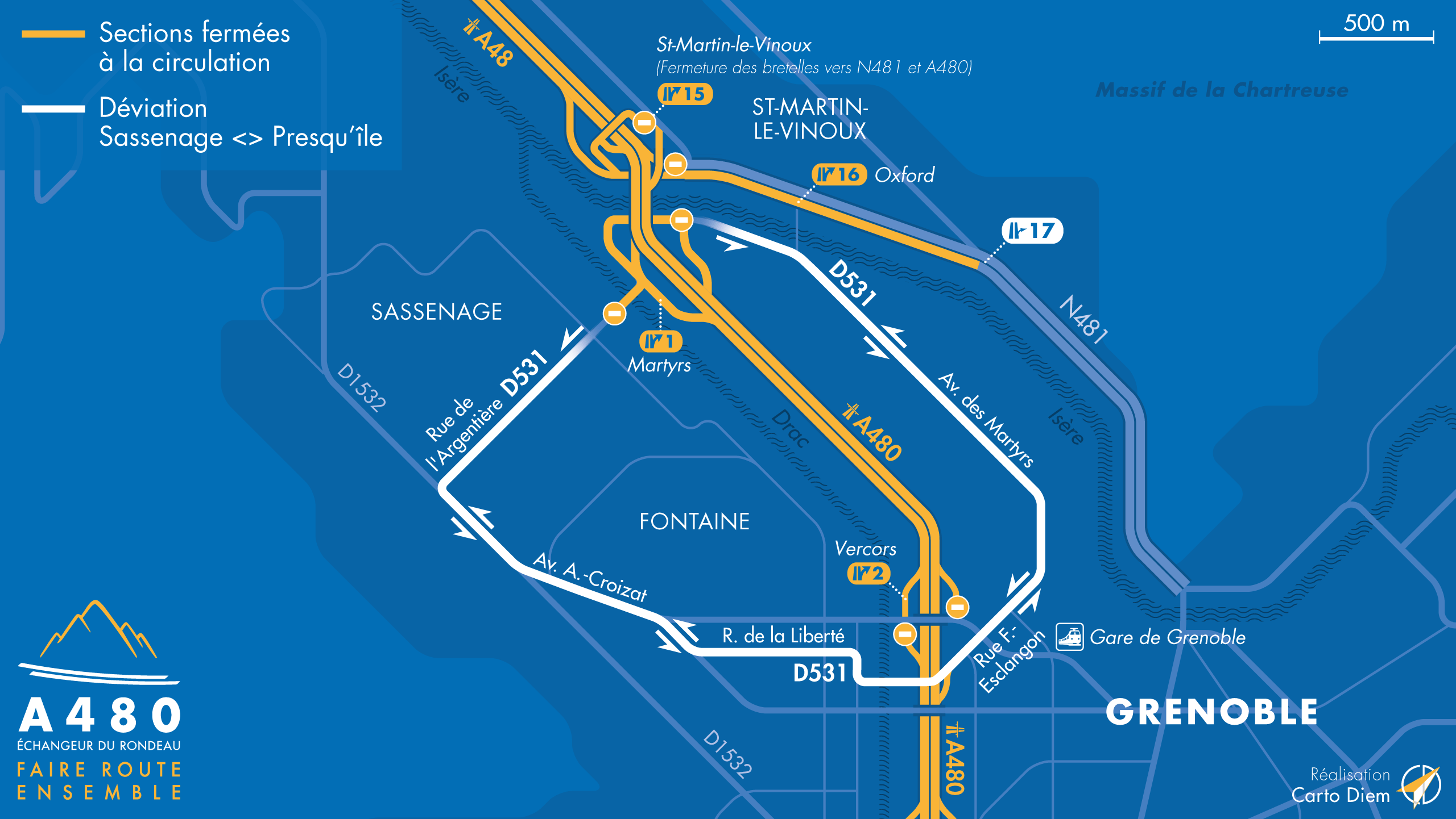 Carte de déviation suite aux travaux effectués sur la D531 par les équipes d'AREA