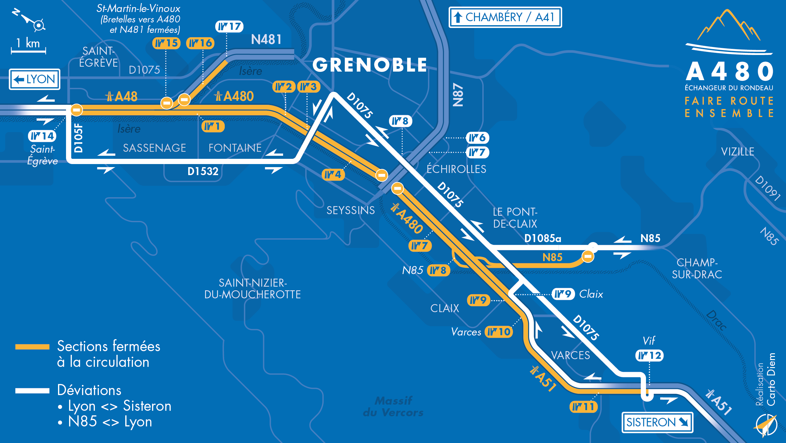 Carte de déviation sur l'axe Lyon-Sisteron suite à l'aménagement de l'autoroute urbaine A480