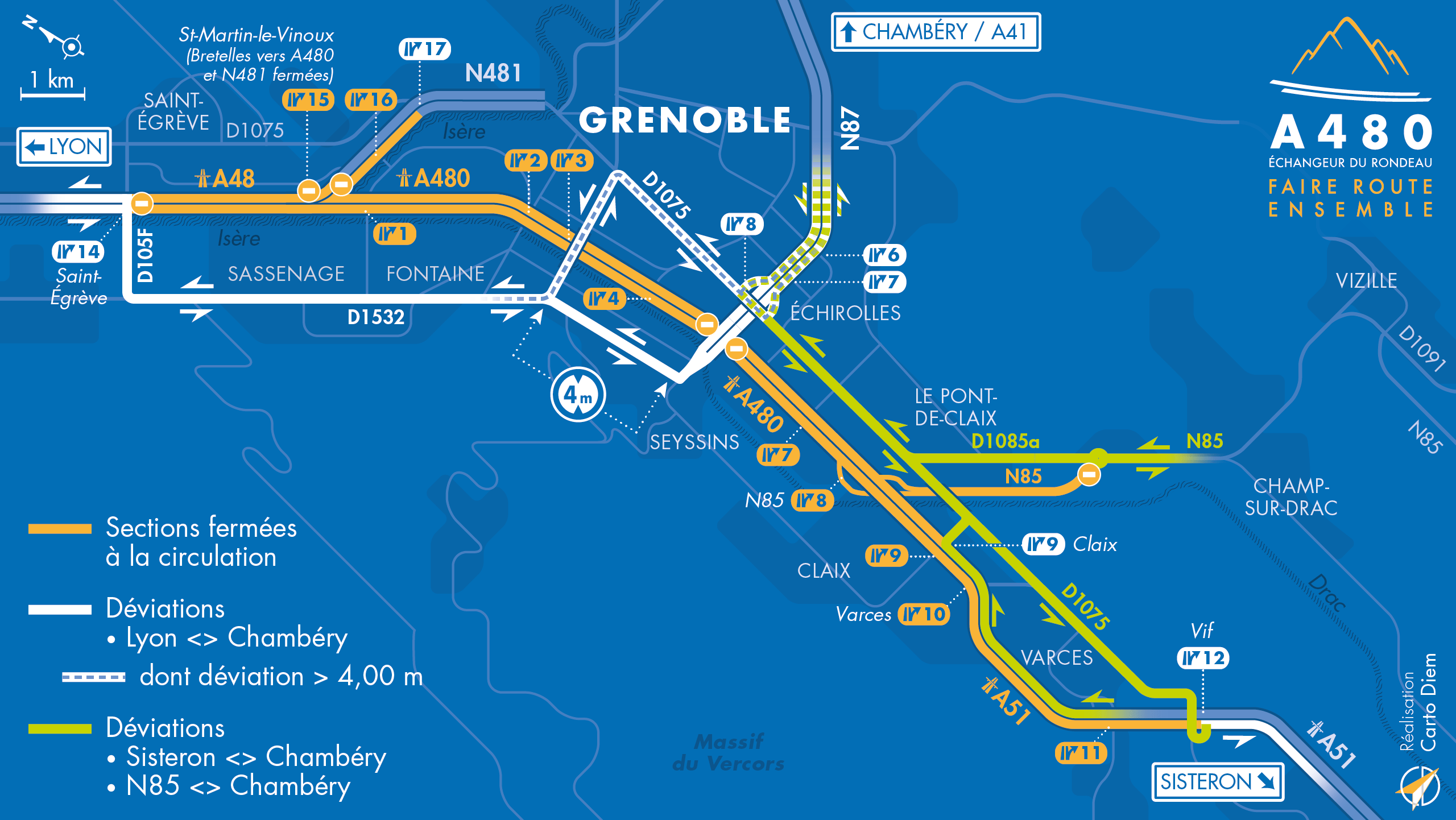 Carte de déviation sur l'axe Lyon-Chambéry et l'axe Sisteron-Chambéry suite à l'aménagement de l'autoroute urbaine A480
