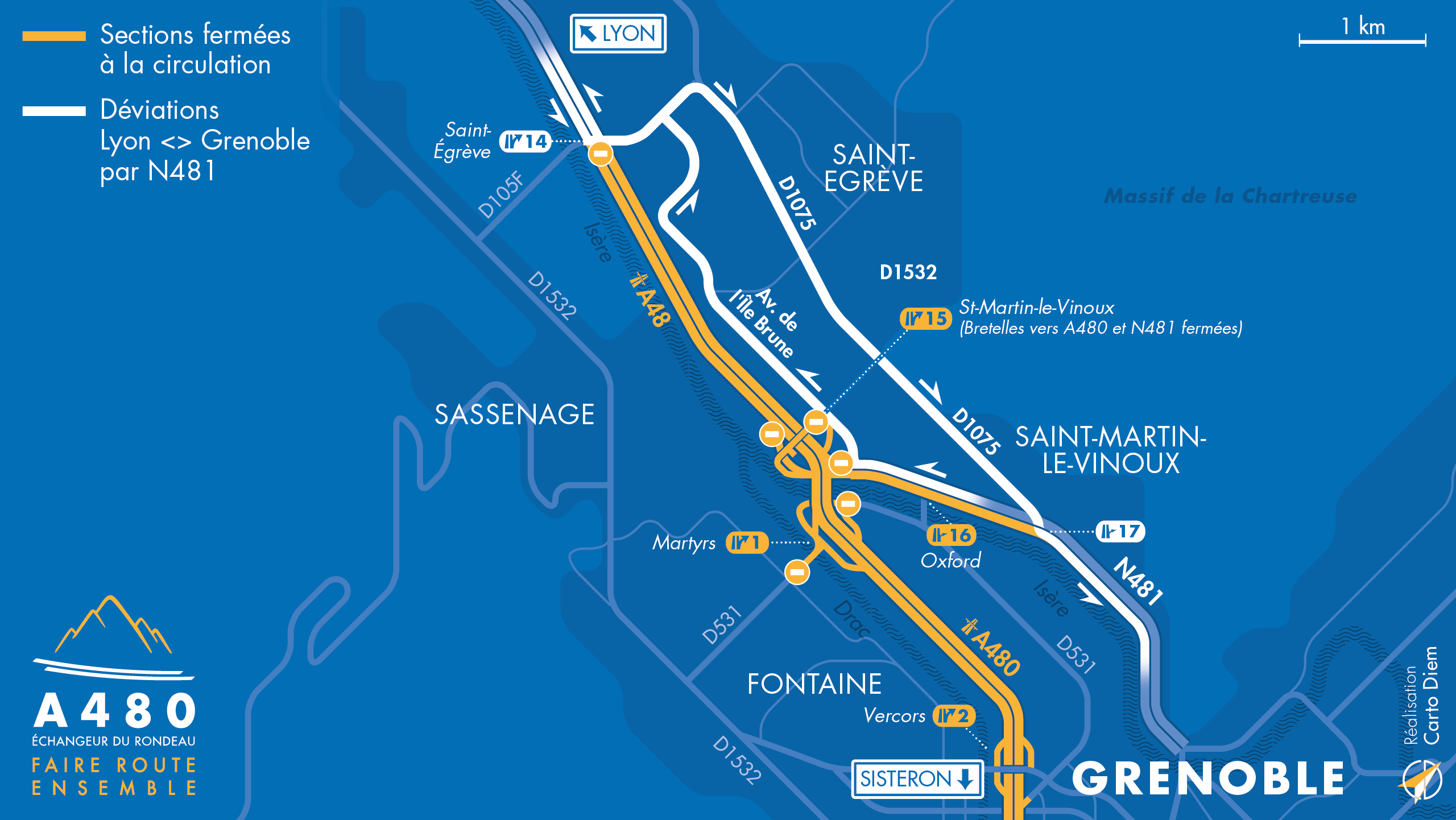 Carte de déviation sur l'axe Lyon-Grenoble suite à l'aménagement de l'autoroute urbaine A480