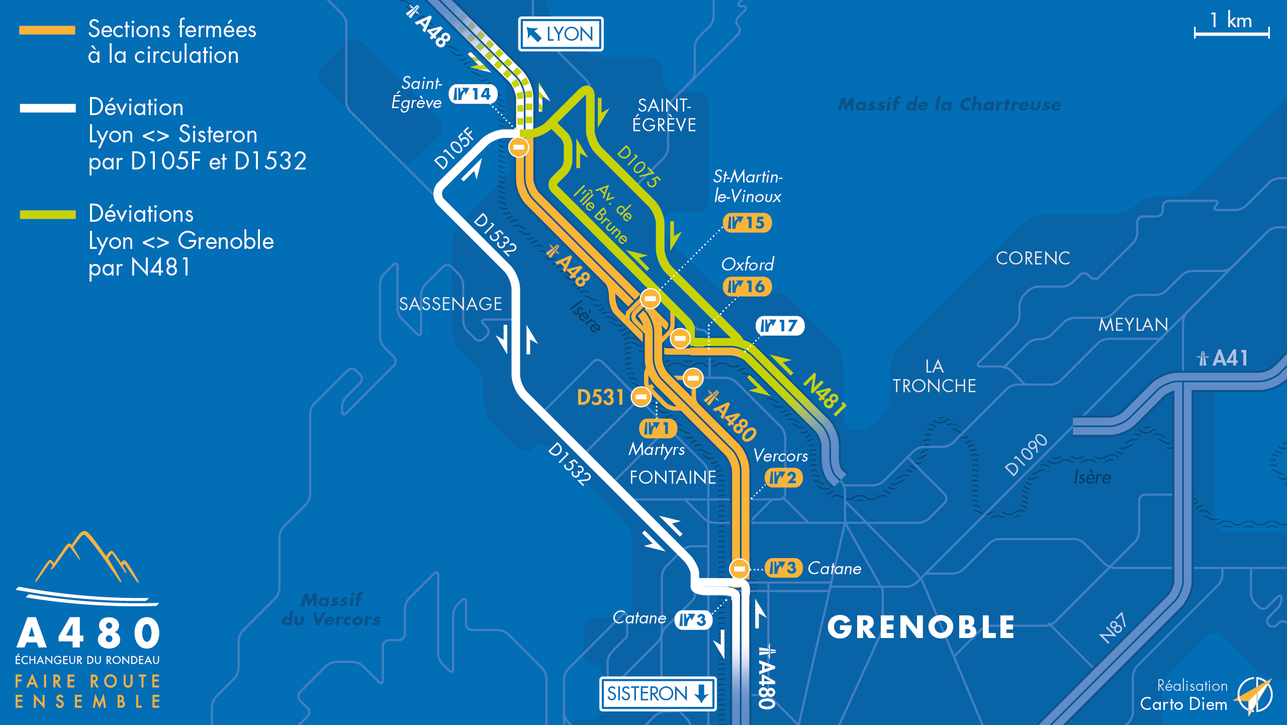 Carte de déviation suite à l'aménagement de l'autoroute urbaine A480 entre Saint-Egrève et Catane