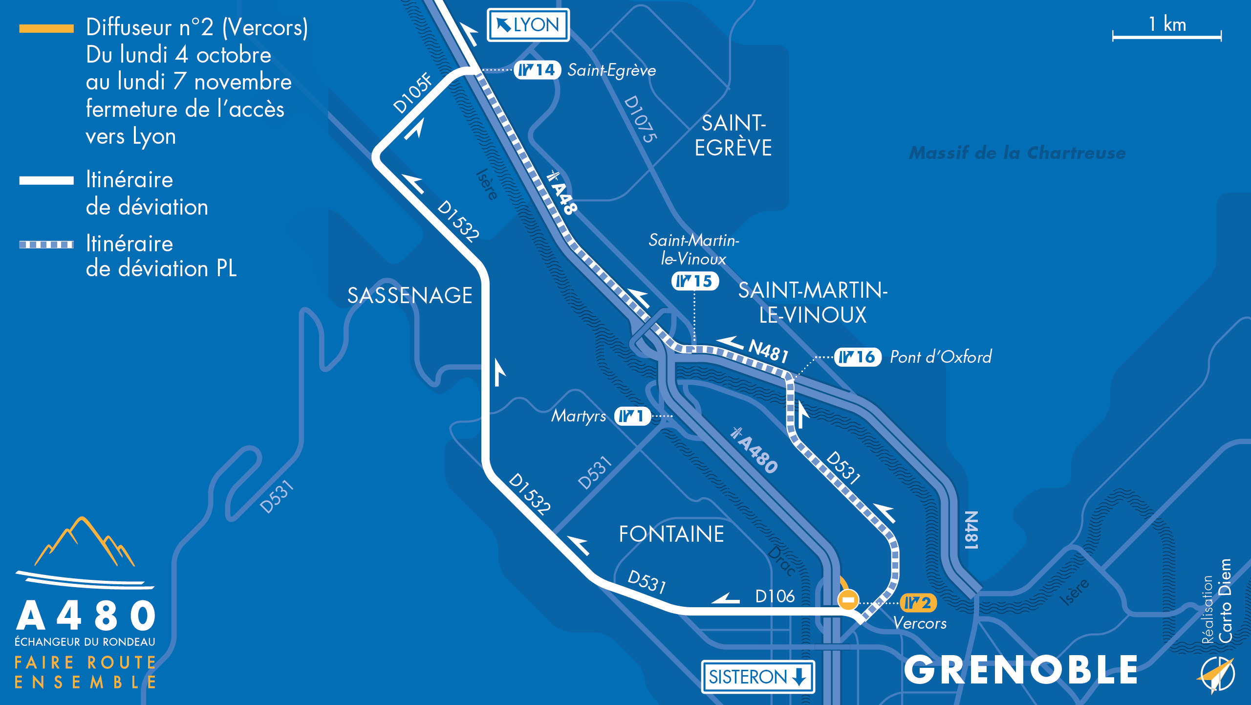 Carte de déviation suite à la fermeture de la bretelle d'entrée du diffuseur de Vercors en direction de Lyon