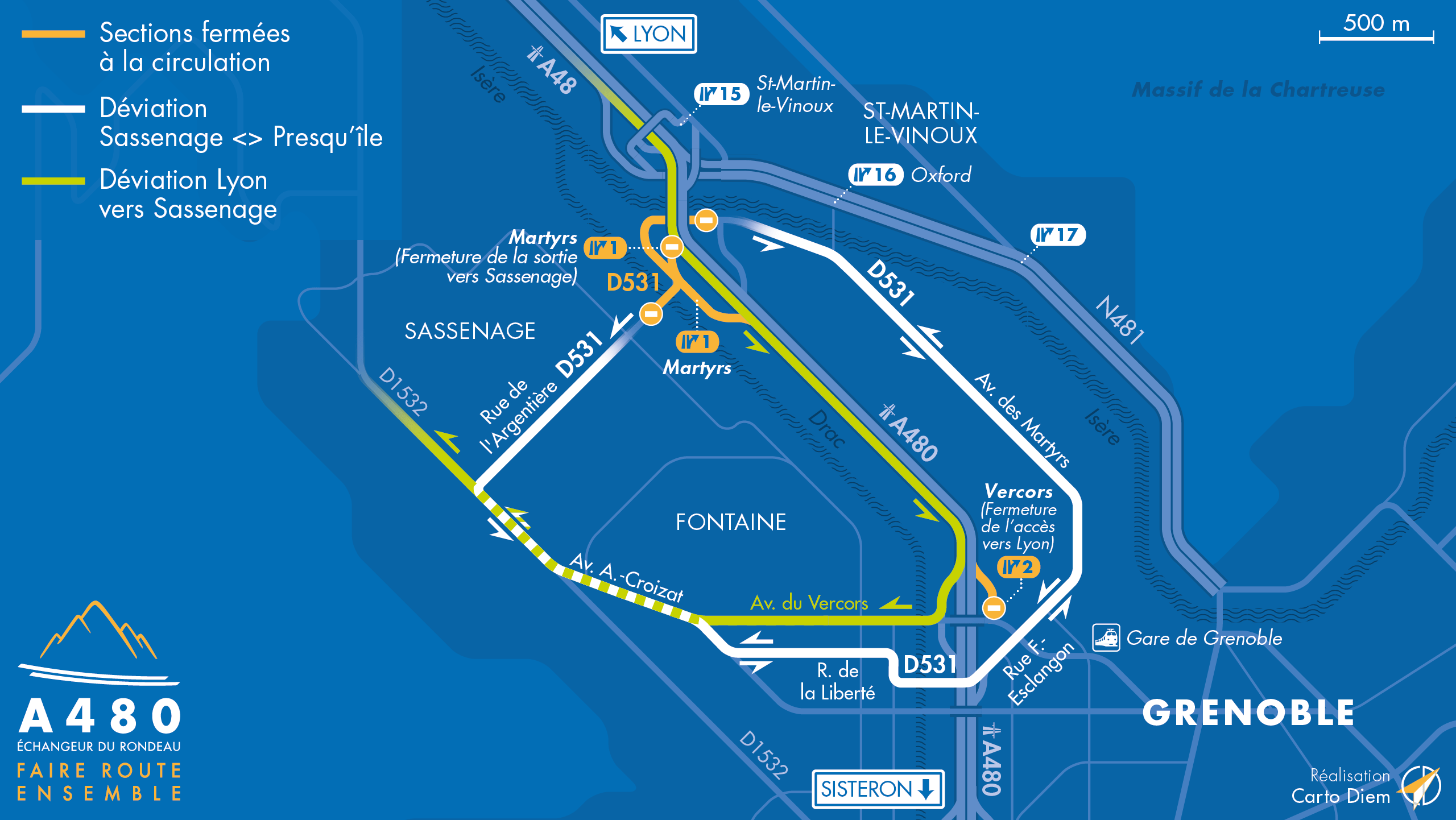 Carte de déviation sur le secteur de Martyrs suite à l'aménagement de l'autoroute urbaine A480