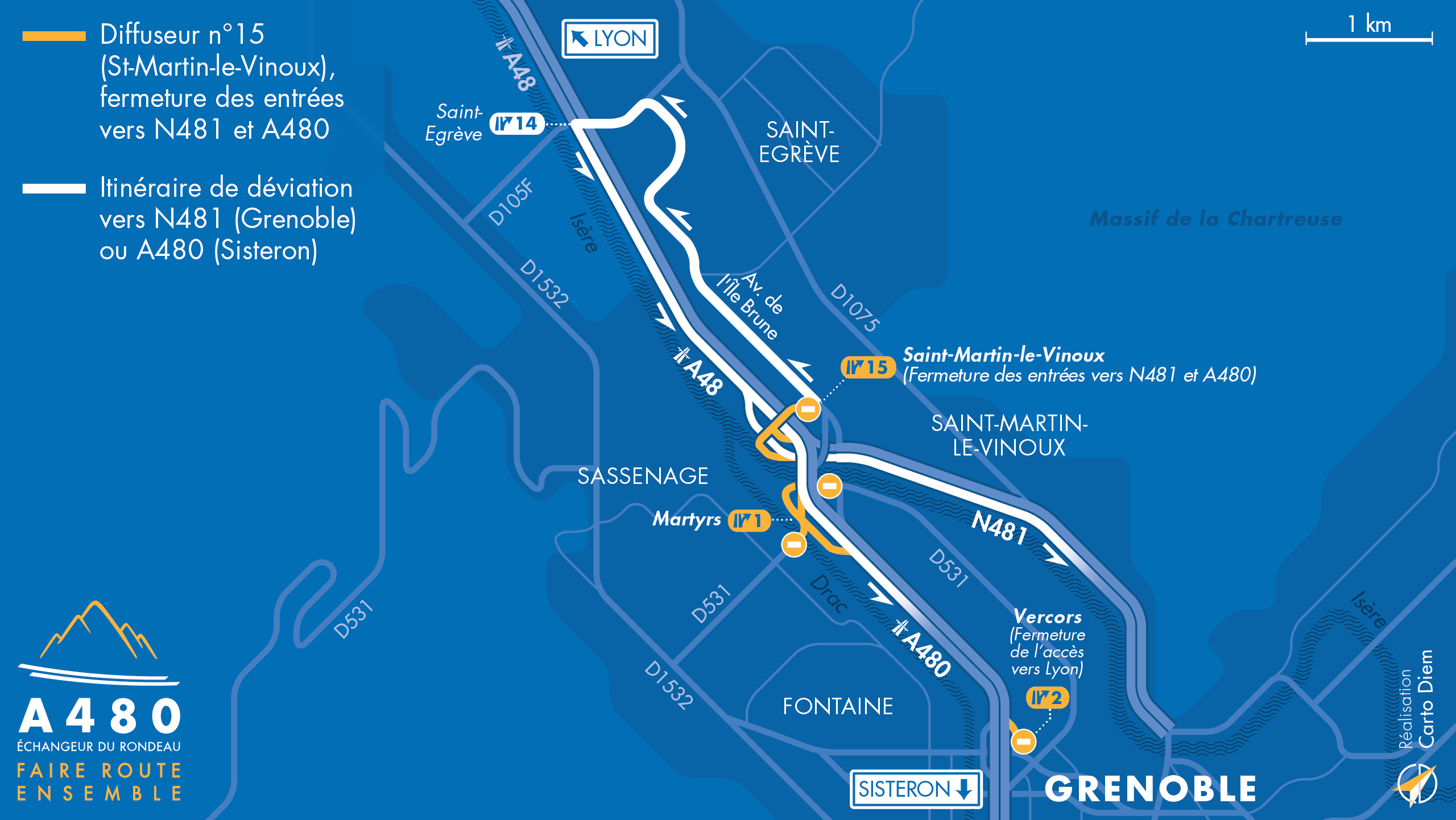 Carte de déviation sur le secteur de Saint-Martin-le-Vinoux suite à l'aménagement de l'autoroute urbaine A480