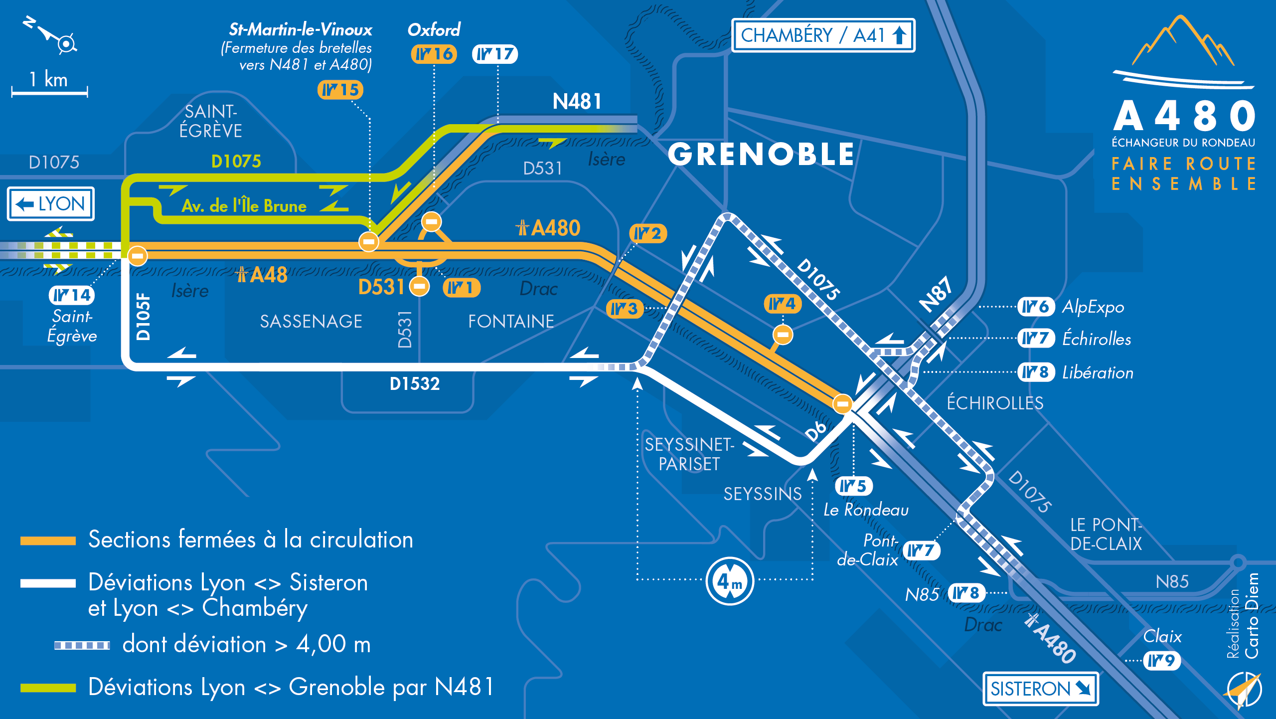 Carte de déviation suite à l'aménagement de l'autoroute urbaine A480 entre Saint-Egrève et Seyssins