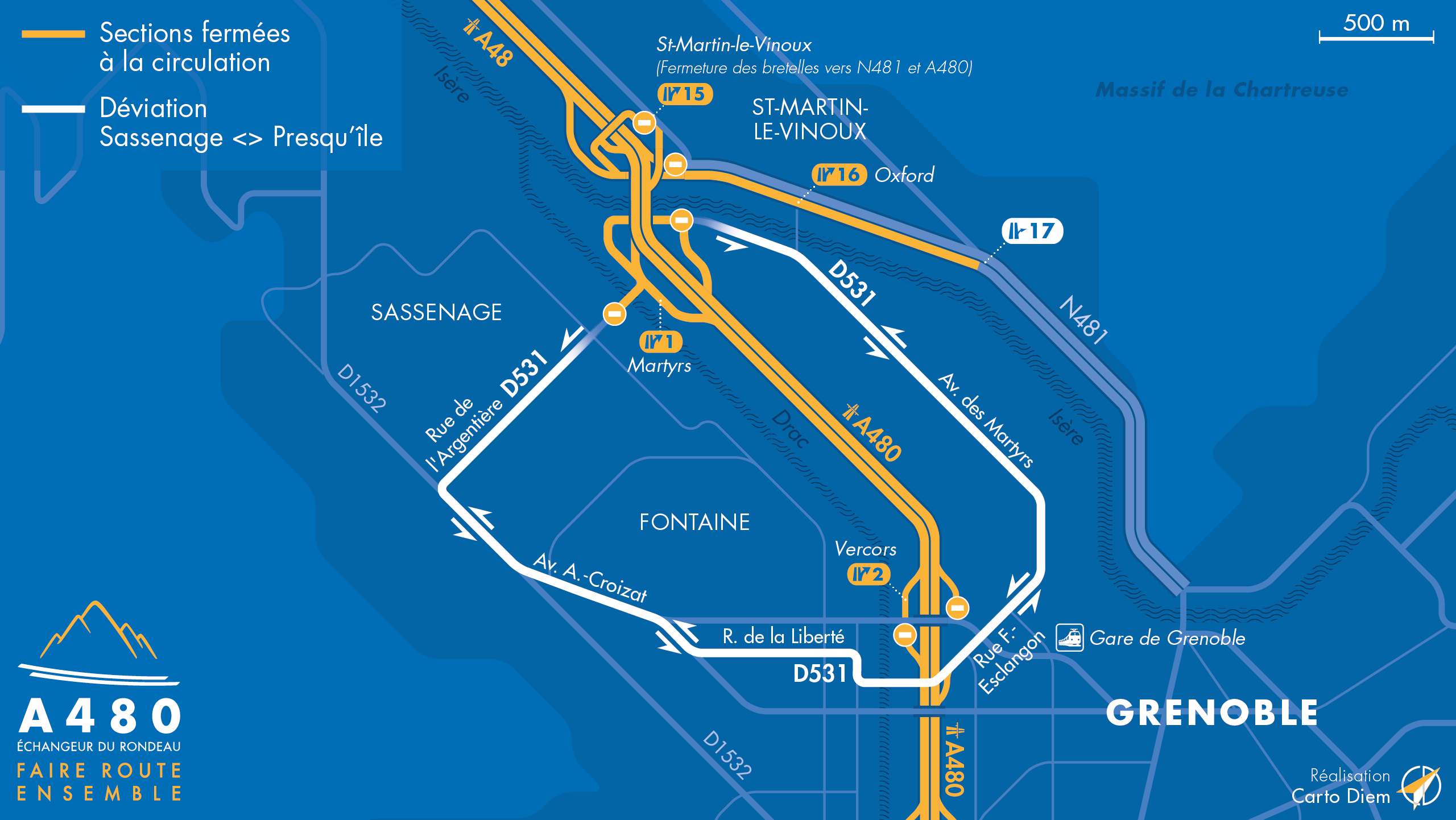 Carte de déviation suite aux travaux effectués sur la D531 par les équipes d'AREA