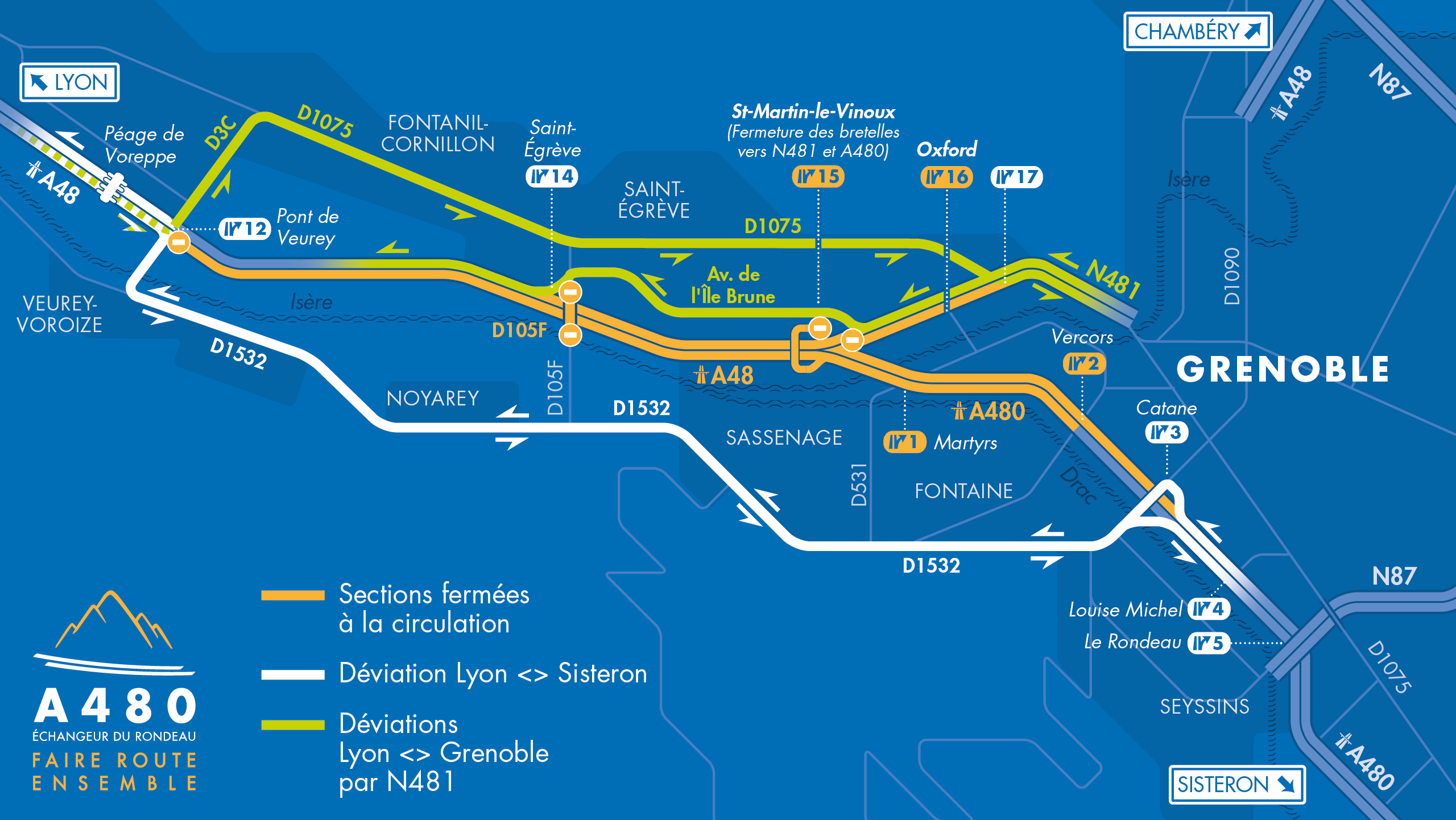 Carte de déviation pour l'autoroute urbaine A480 entre le Pont de Veurey et Catane