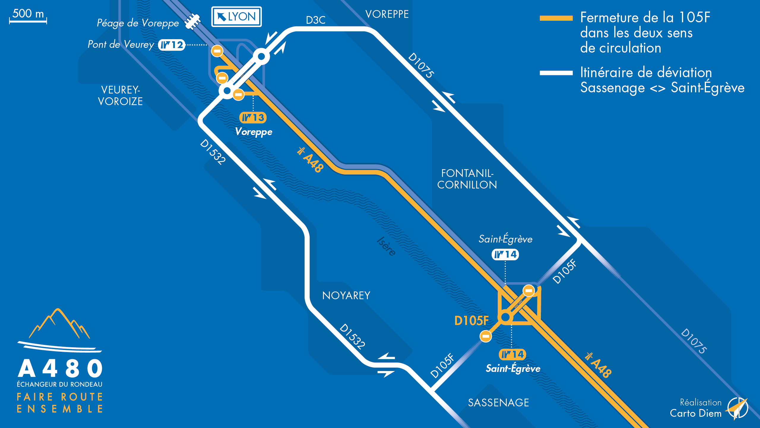 Carte de déviation suite à l'aménagement de l'autoroute urbaine A480 sur l'axe de la départementale D105F