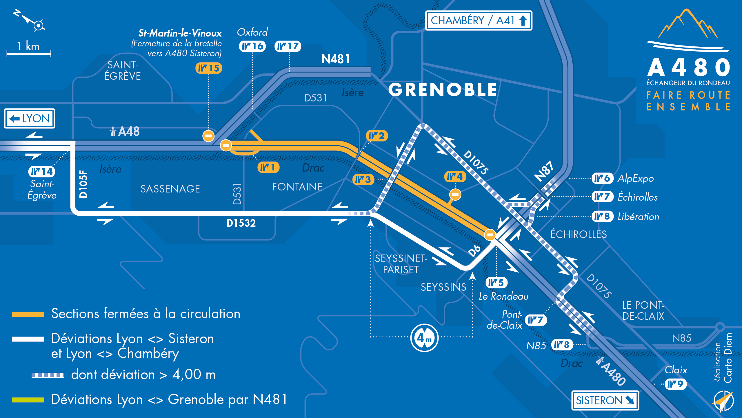 Carte de déviation pour l'autoroute urbaine A480 entre la biffurcation A48/A480/N481 et le Rondeau