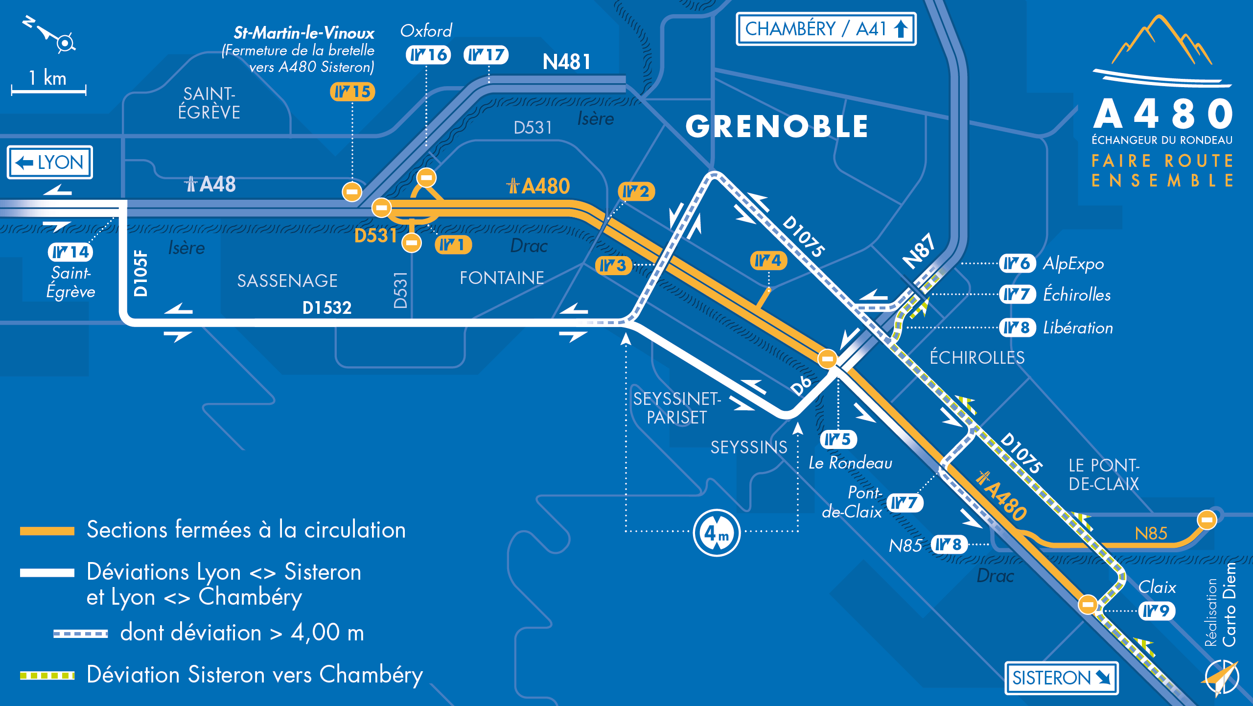 Carte de déviation pour l'autoroute urbaine A480 entre Claix et la biffurcation A48/A480/N481